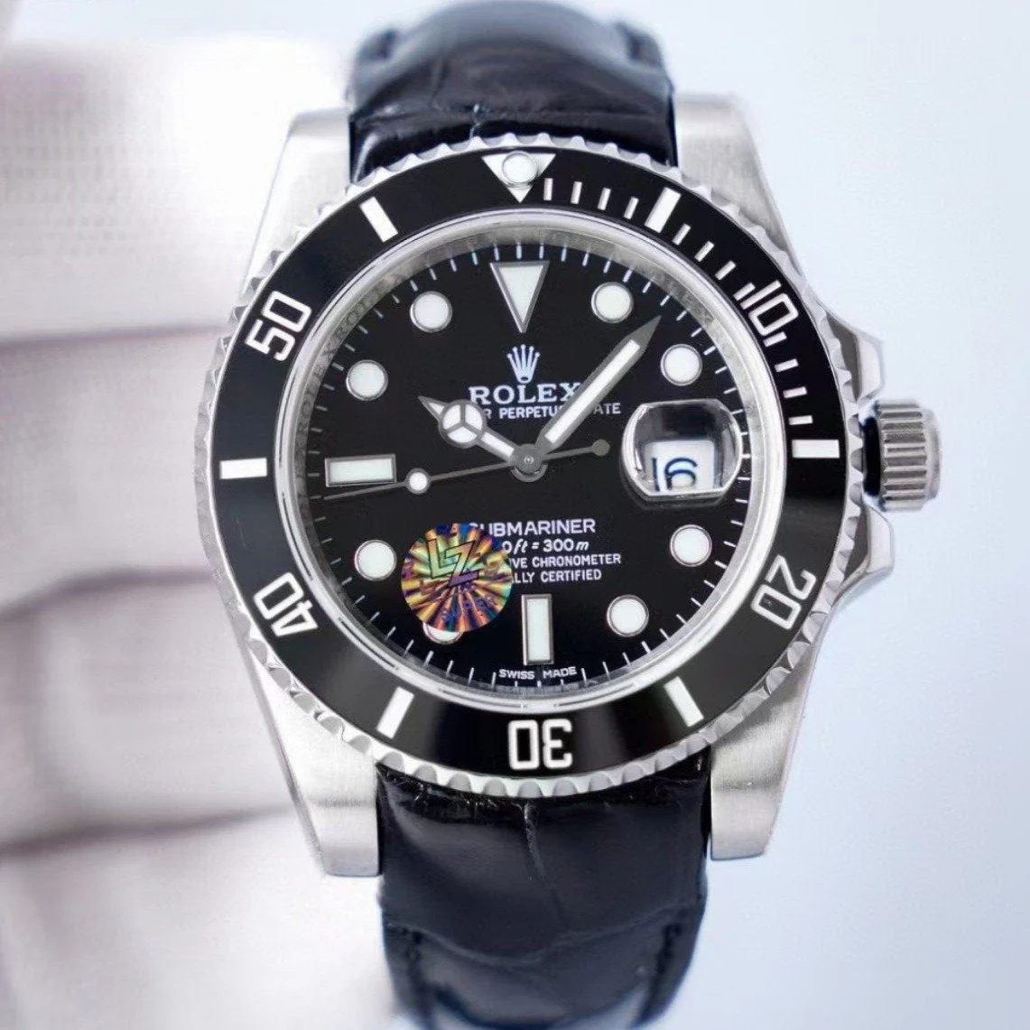 SUBMARINER DATE BLACK DIAL LEATHER STRAP