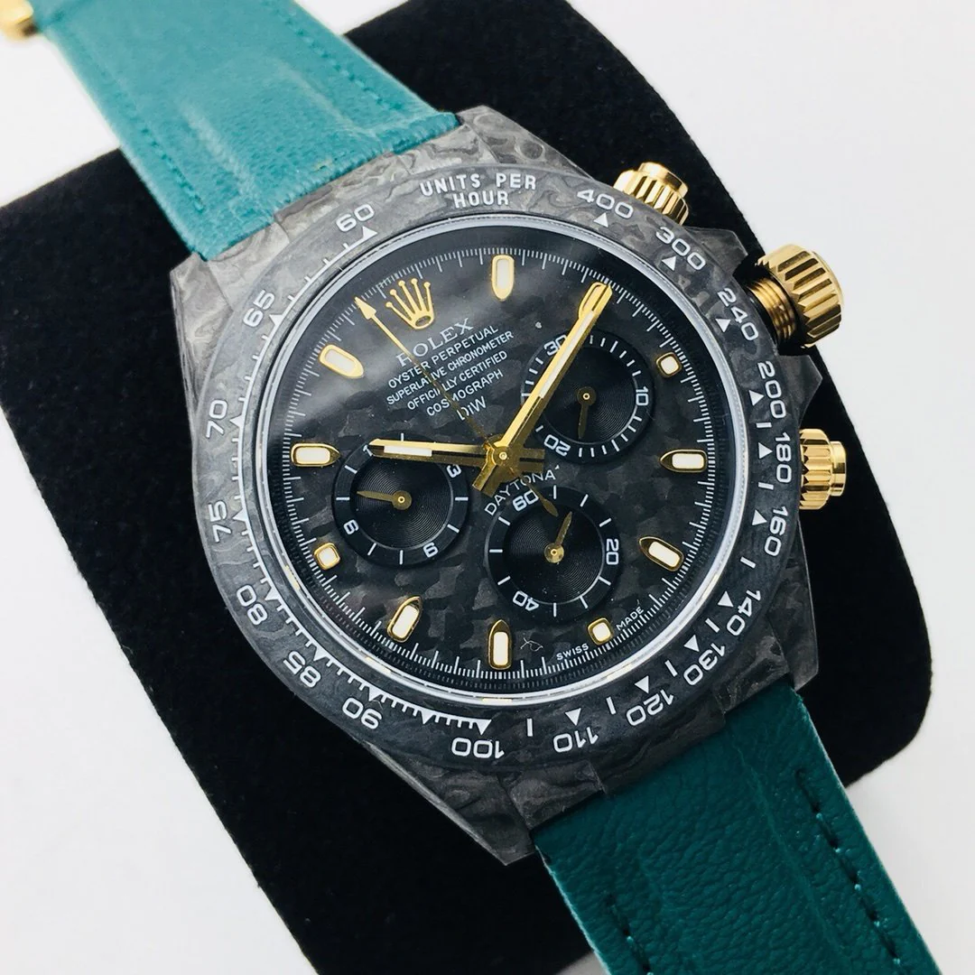 DAYTONA 40MM CUSTOM CARBON FILBER BLACK DIAL NAVY LEATHER