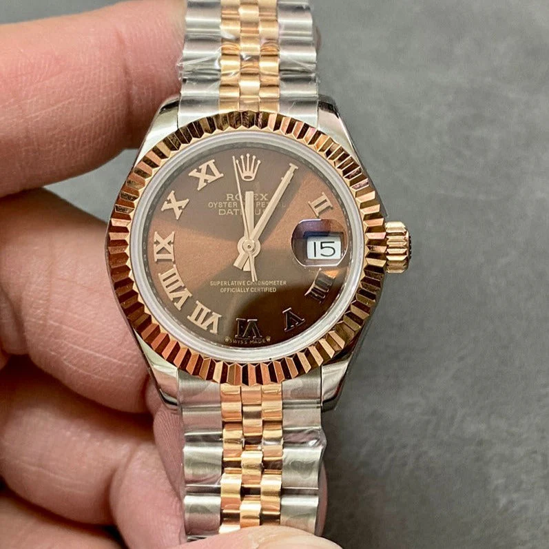 DATEJUST 28MM PINK GOLD STEEL CHOCOLATE DIAL