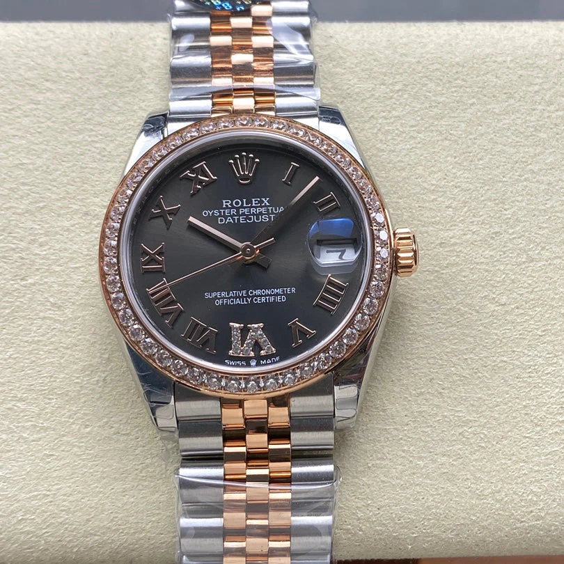 Datejust 31mm Pink Gold Steel Diamond Bezel Dark Grey Dial Diamond Numerals