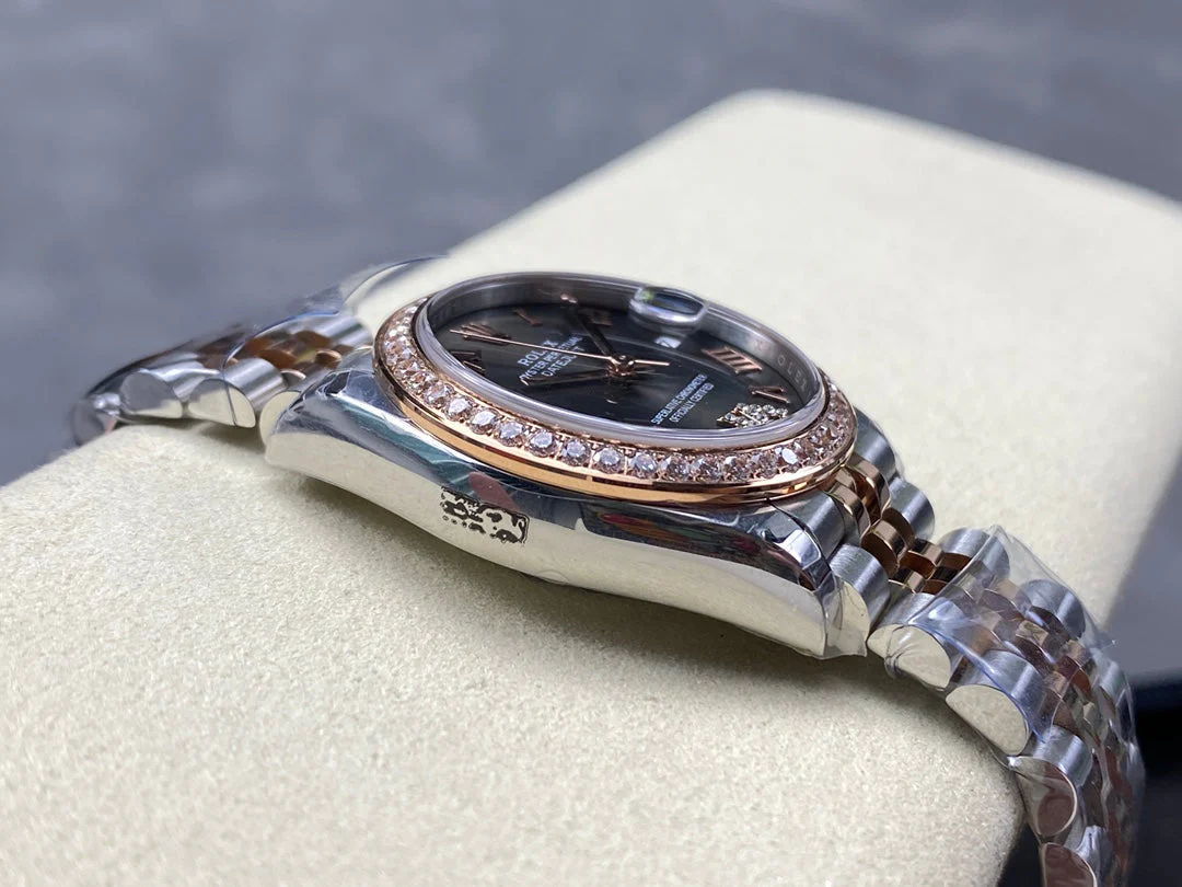 Datejust 31mm Pink Gold Steel Diamond Bezel Dark Grey Dial Diamond Numerals