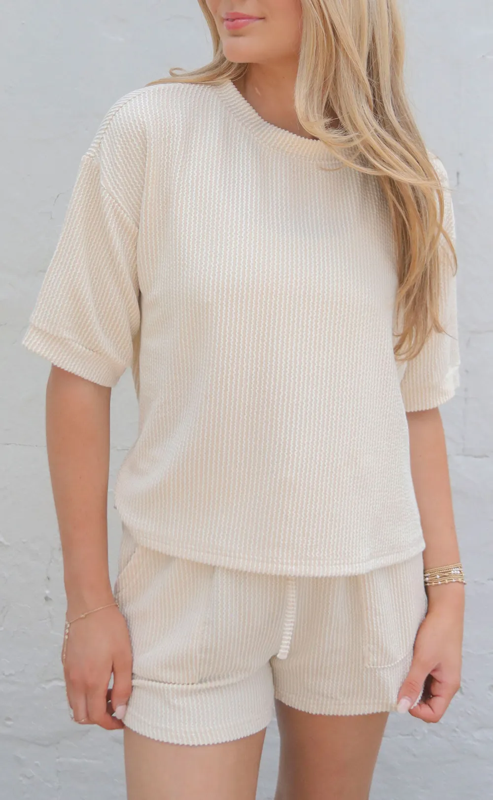 Beige Textured Short Sleeve Set