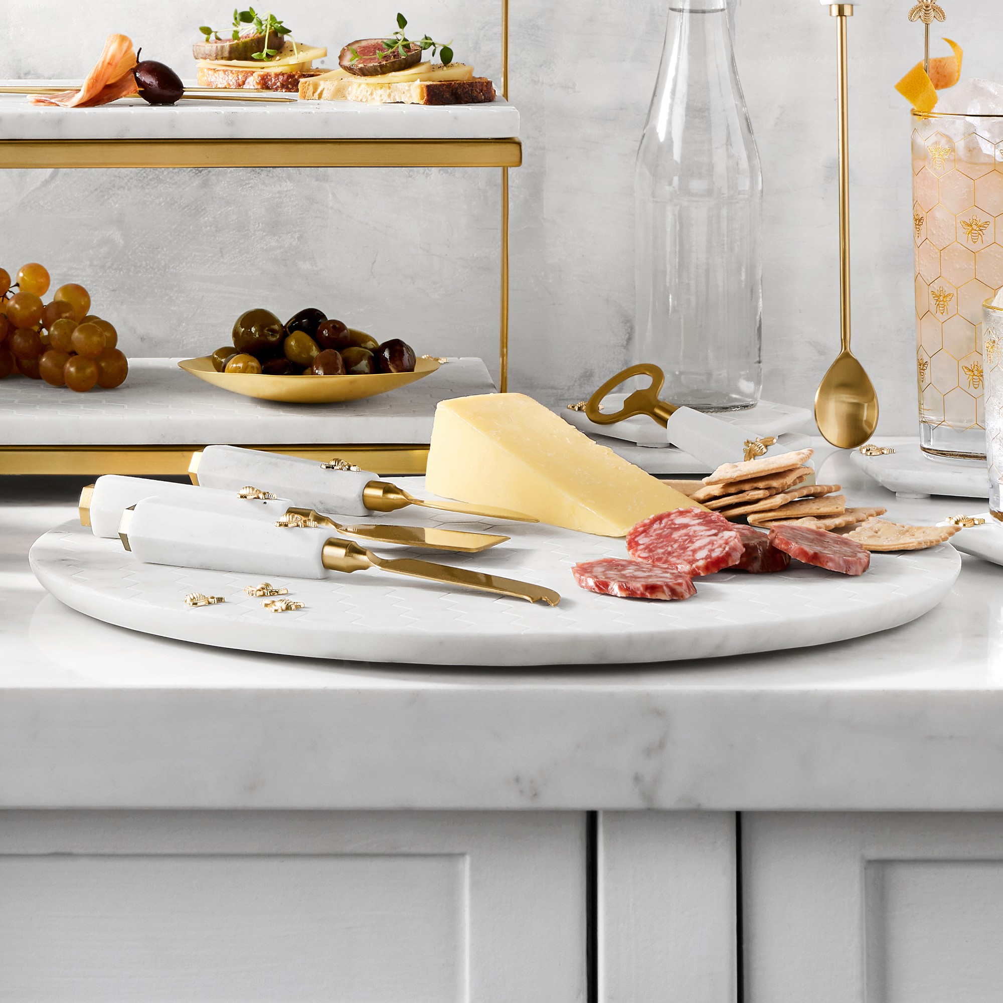 Marble Honeycomb Round Cheese Board with Honeycomb Cheese Knives