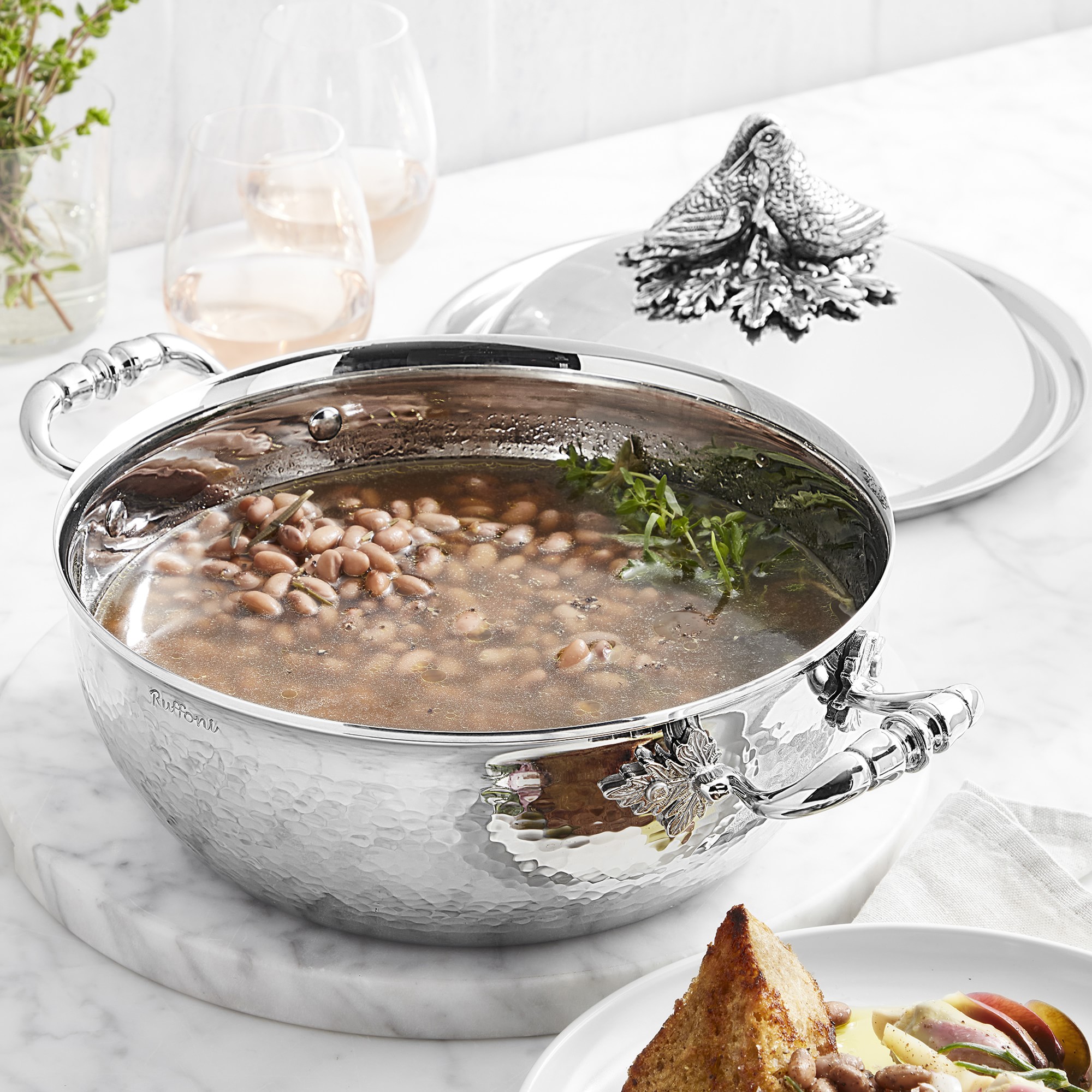 Ruffoni Opus Prima Hammered Stainless- Steel Saucier with Lovebirds Knob, 4-Qt.