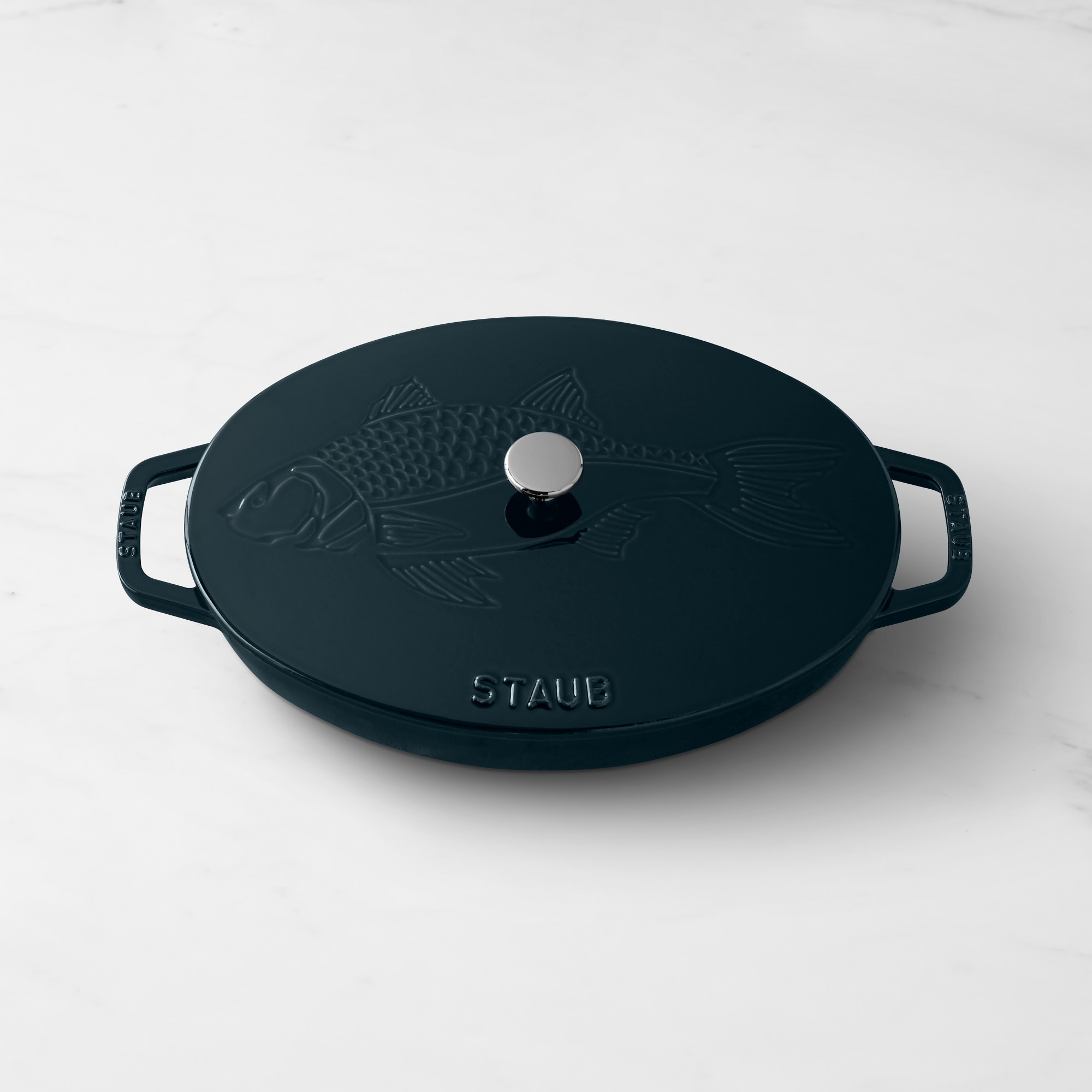 Staub Enameled Cast Iron Oval Gratin with Sea Bass Embossed Lid, 2 1/4 Qt.