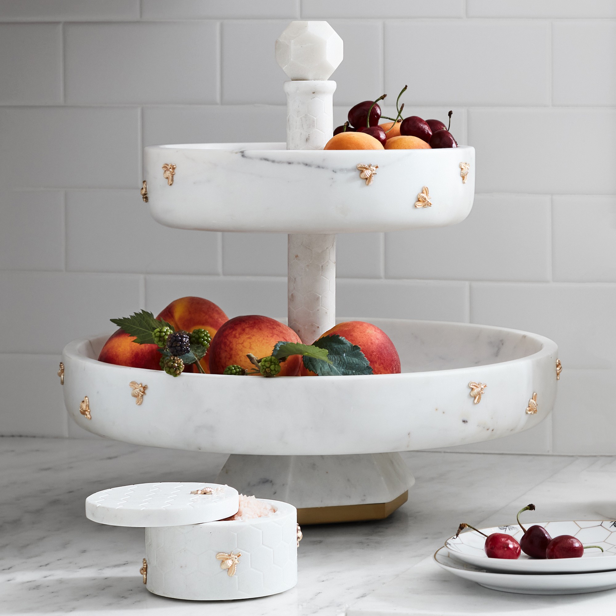 Williams Sonoma Honeycomb Marble Two Tier Fruit Bowl