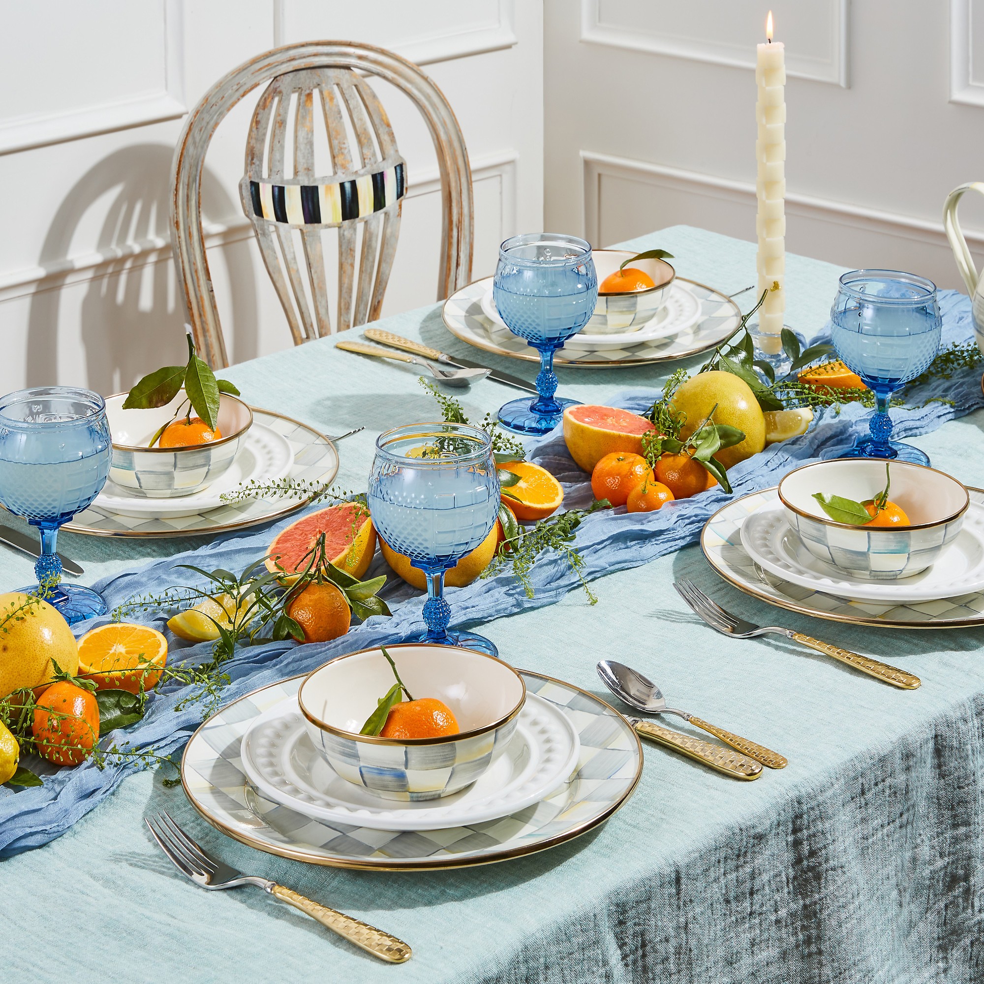 MacKenzie-Childs Sterling Check Everyday Bowls, Set of 4