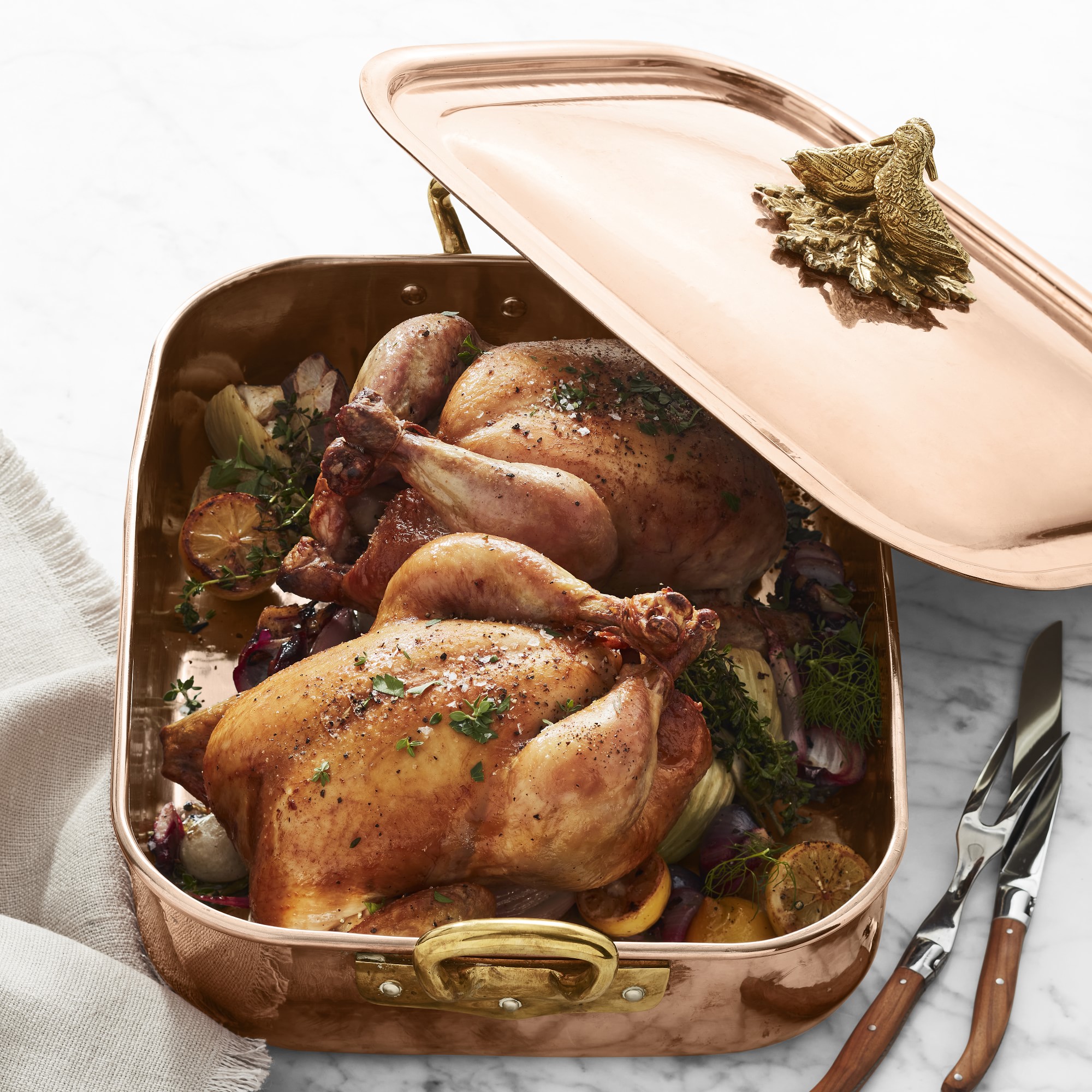 Ruffoni Historia Hammered Copper Rectangle Roasting Pan with Lovebirds Knob