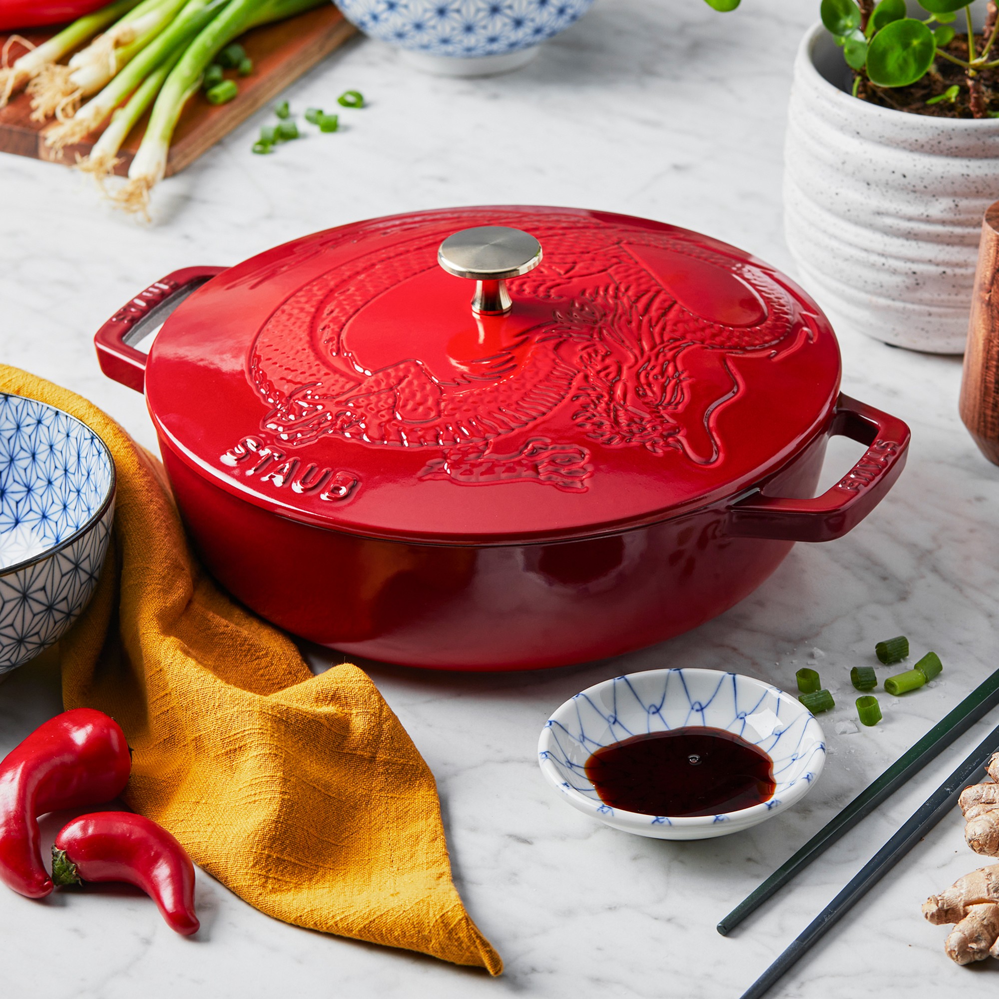 Staub Enameled Cast Iron Braiser with Dragon Lid, 2 1/2-Qt., Cranberry