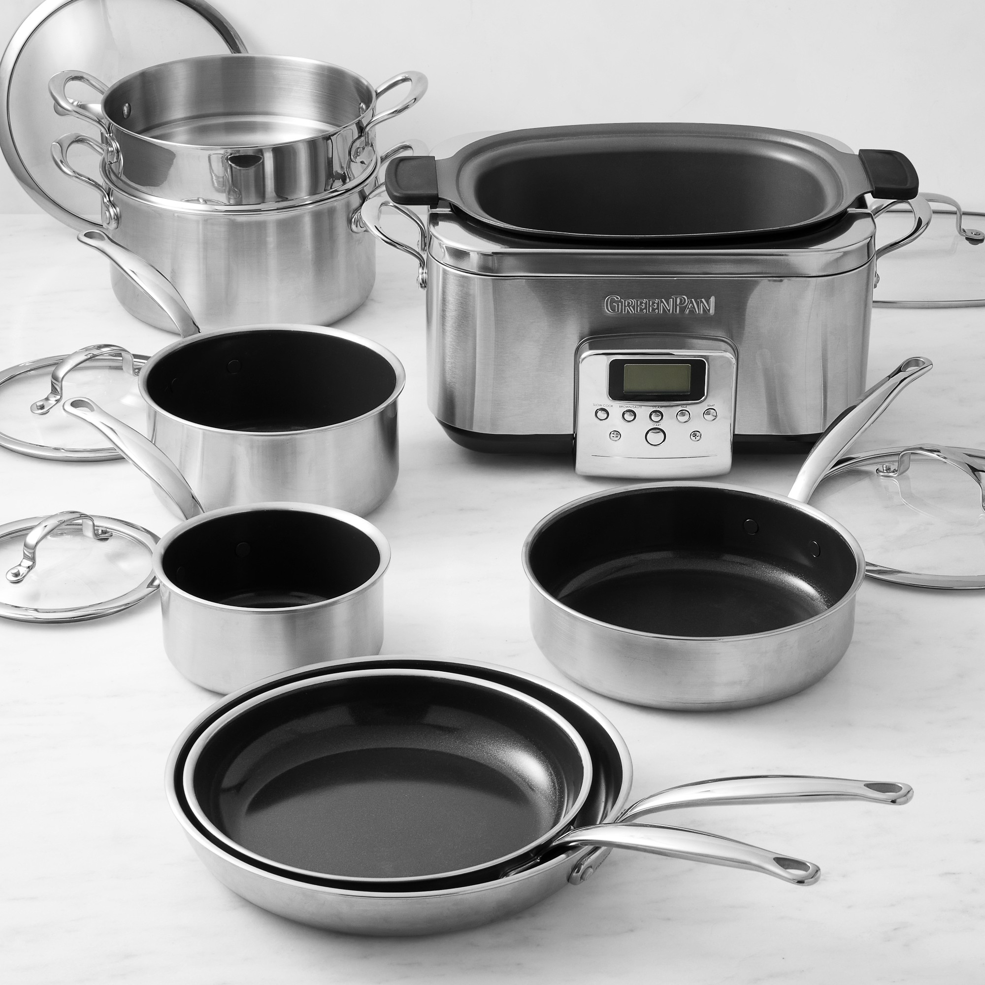 GreenPan™ Premiere Stainless-Steel Ceramic Nonstick 11-Piece Cookware Set with Slow Cooker