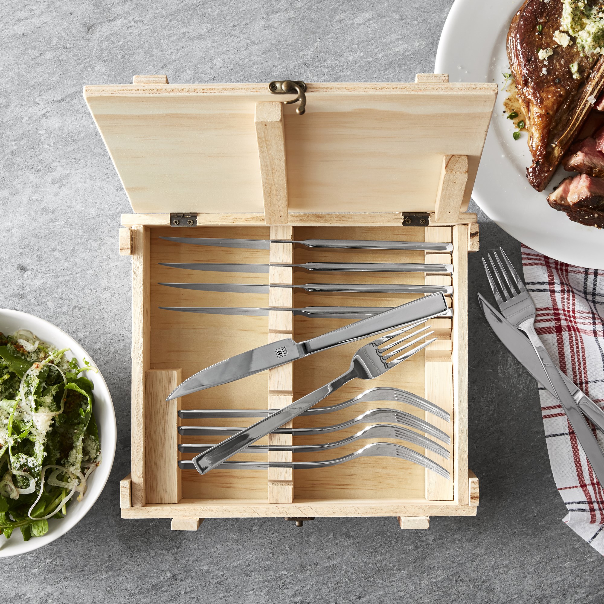Zwilling Stainless-Steel Dinner Steak Knives and Forks, Set of 12