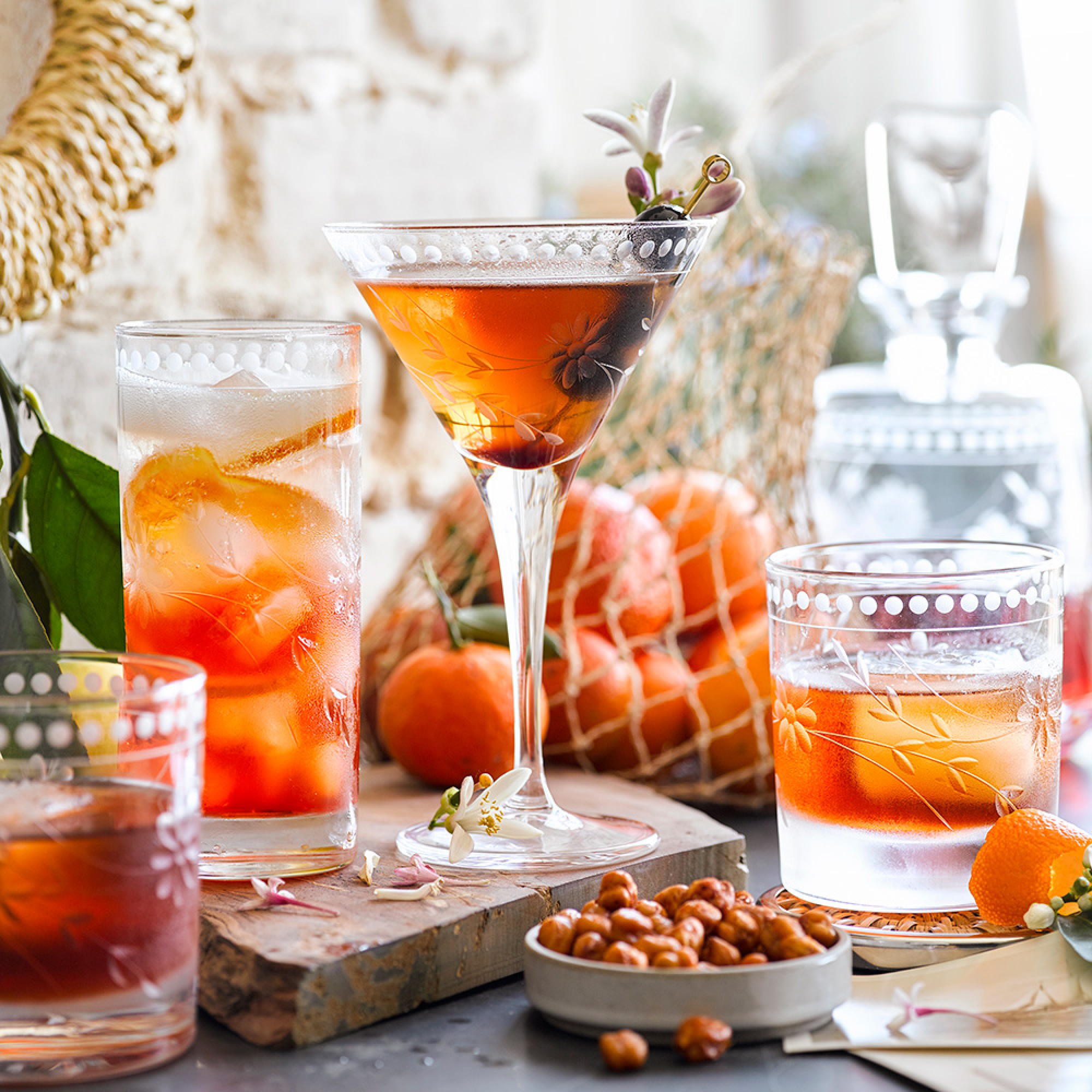 Vintage Etched Double Old-Fashioned Glasses