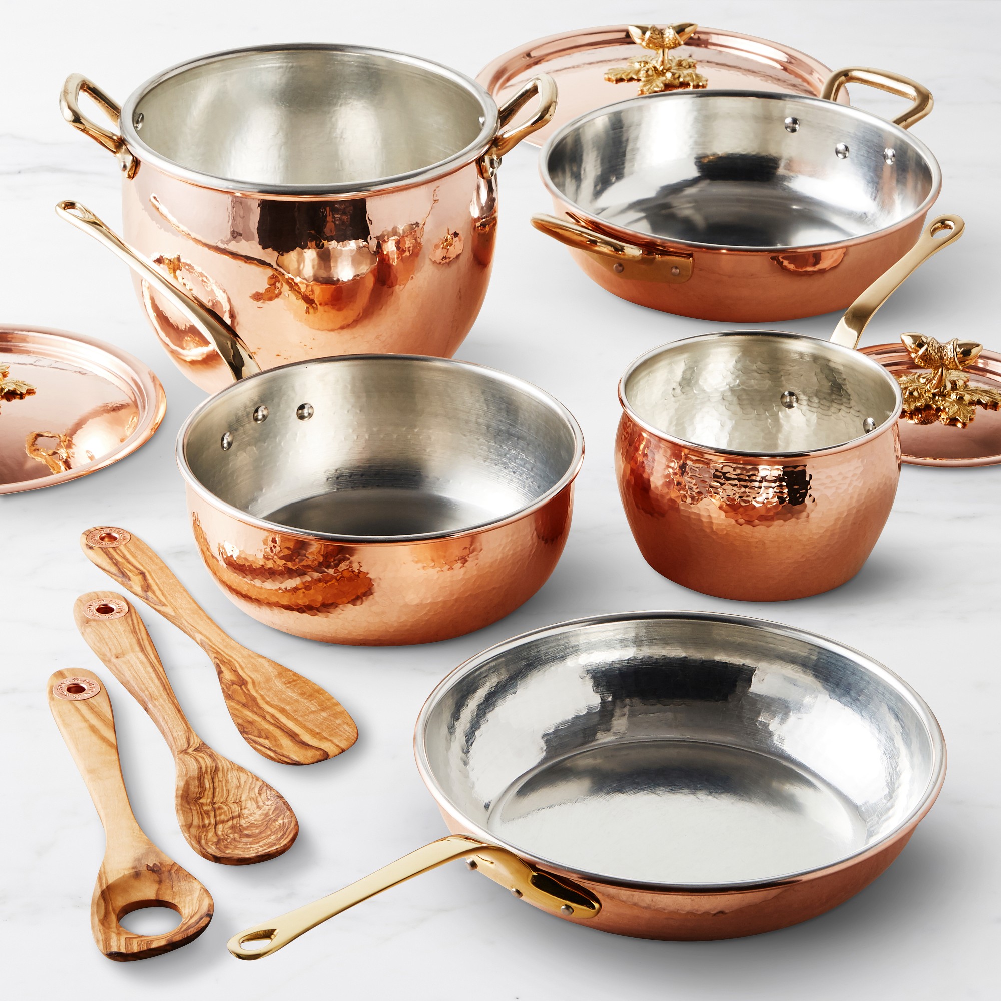 Ruffoni Historia Hammered Copper 11-Piece Cookware Set with Olivewood Tools