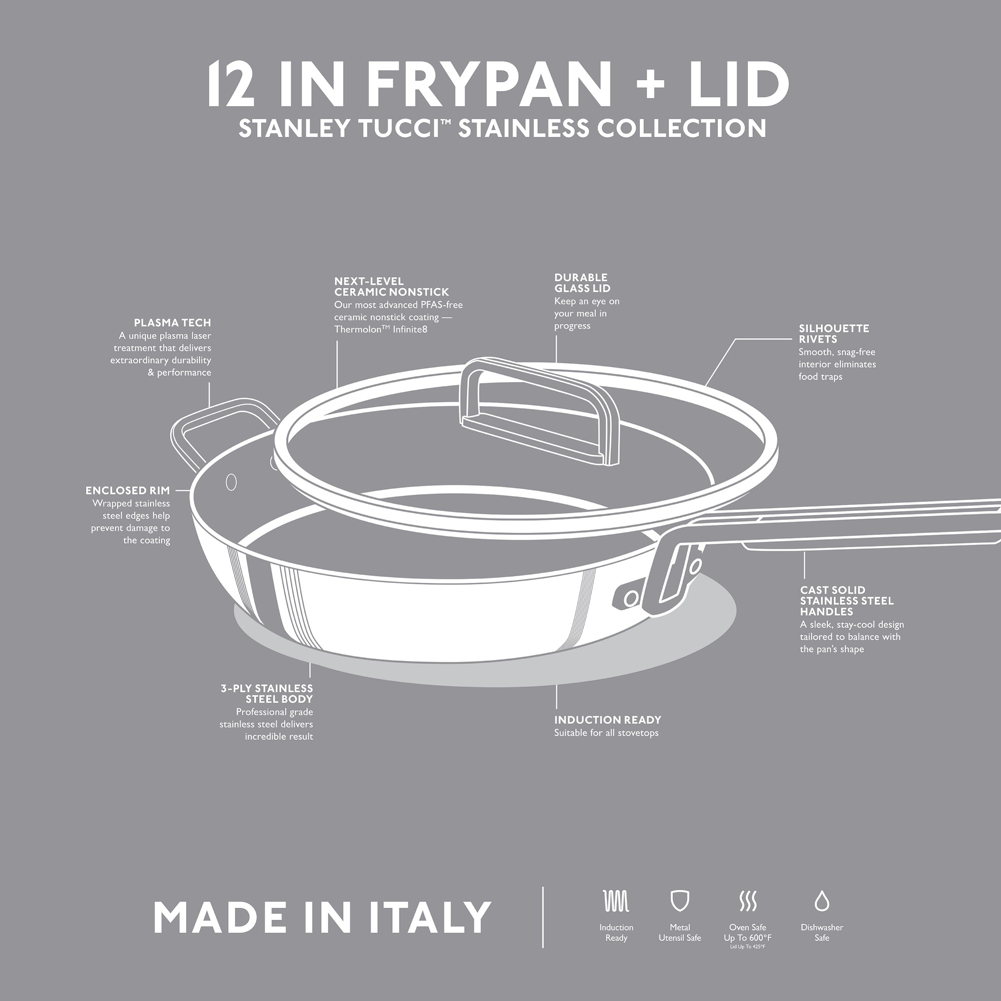 GreenPan™ Stanley Tucci™ Stainless-Steel Ceramic Nonstick Covered Fry Pan, 12