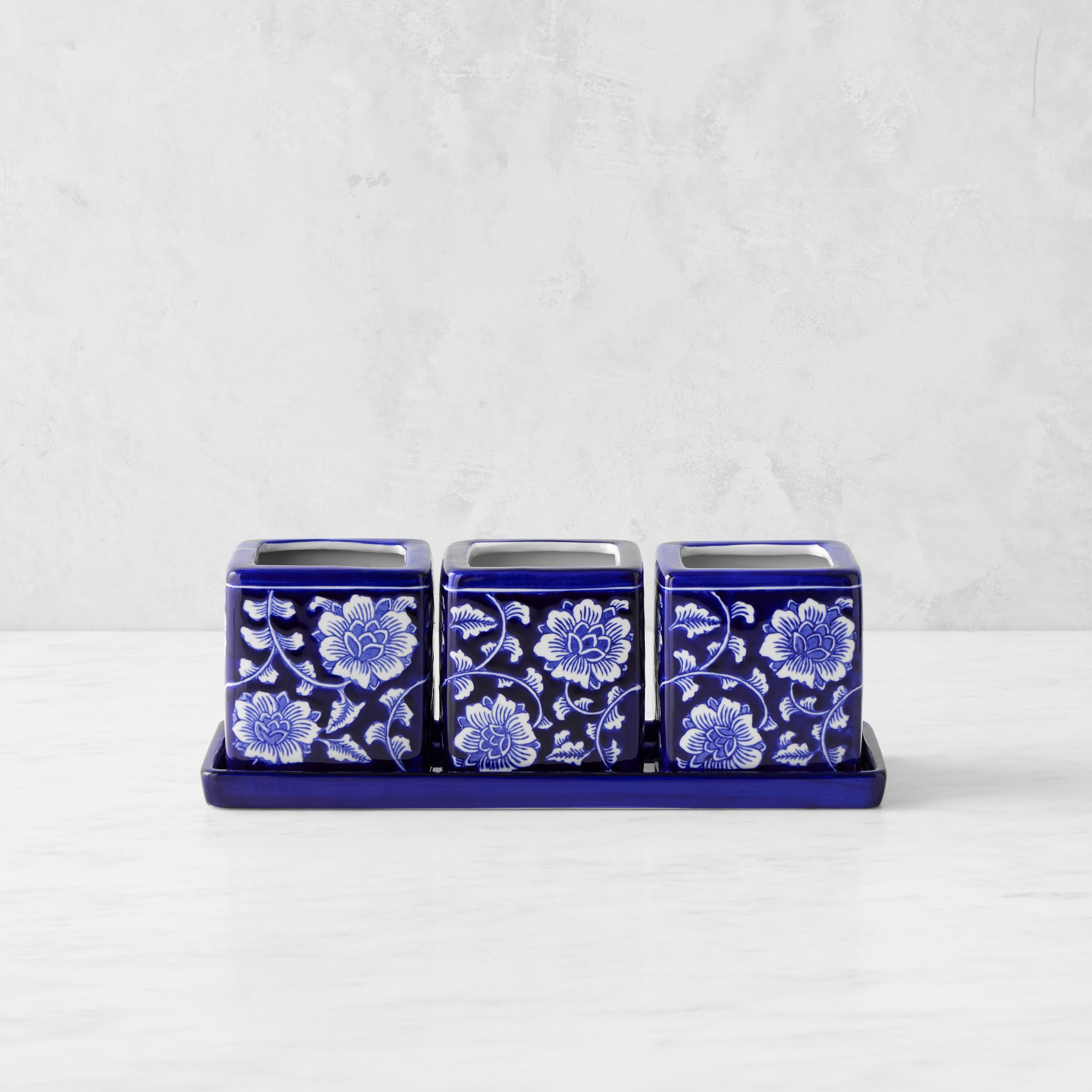 Blue & White Ceramic Herb Tray with Pots, Set of 3