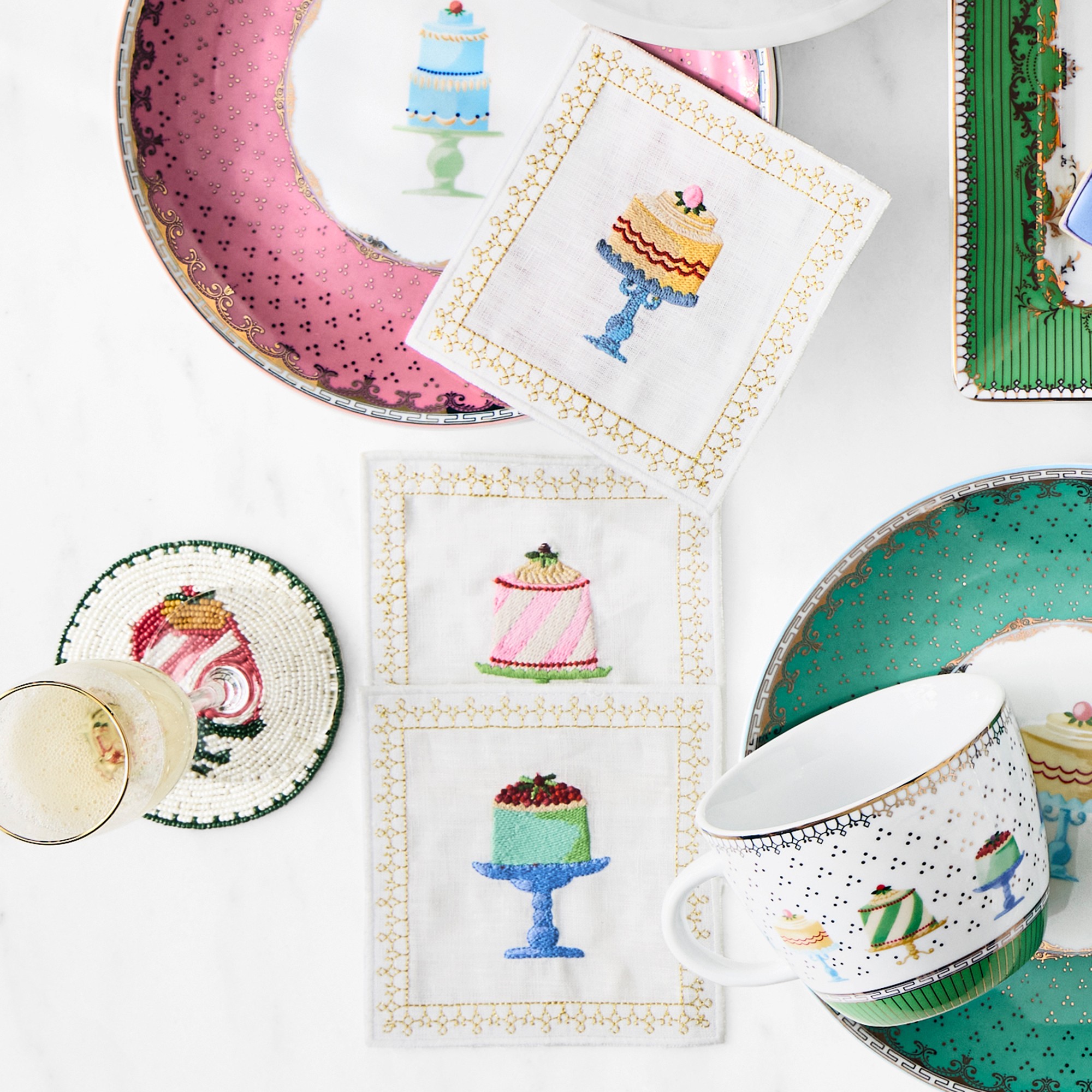 Celebration Embroidered Linen Cocktail Coasters, Set of 6