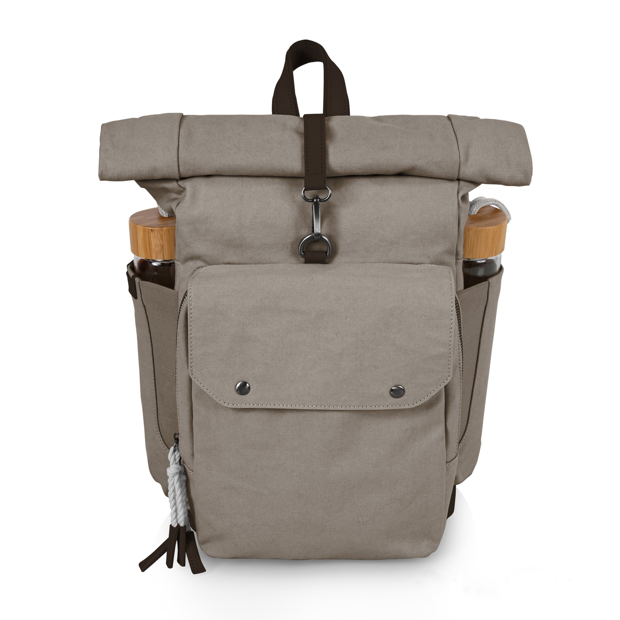 Carmel Roll Top Picnic Backpack Cooler with Utensil Set & Glass Water Bottles