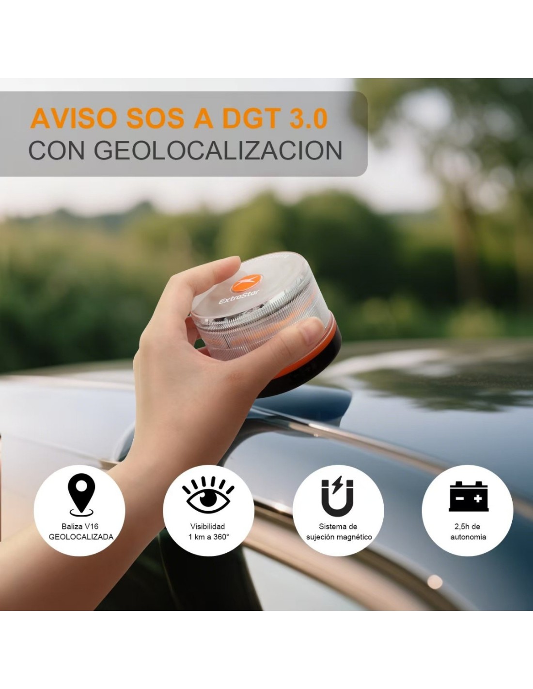 Baliza V16 con geolocalización 3.0 aprobada por la DGT, plan de datos incluido hasta 2038, base magnética IP54 resistente al agua, visible 360º, cumple normativa 2026, luz LED coche obligatoria para señalizar averías