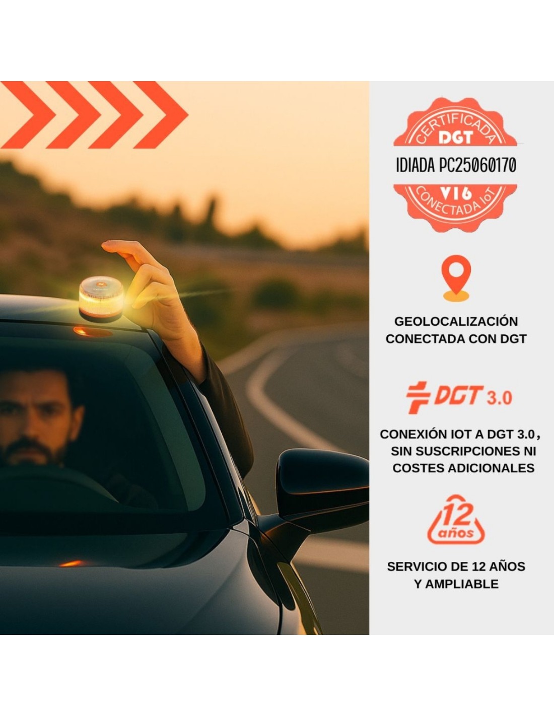 Baliza V16 con geolocalización 3.0 aprobada por la DGT, plan de datos incluido hasta 2038, base magnética IP54 resistente al agua, visible 360º, cumple normativa 2026, luz LED coche obligatoria para señalizar averías