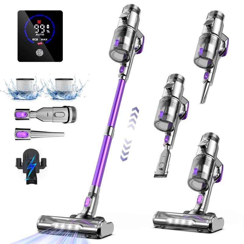 Aspiradora Inalámbrica V2dorada/V10morada de 75 KPa con Pantalla LED, 60 Minutos de Autonomía, Cepillo en Forma V Anti-enredos, 3Modos de Potencia, Limpieza Versátil, para Dormitorio, Cocina, Suelo y Muebles, Uso Doméstico y Pelusas de Mascotas