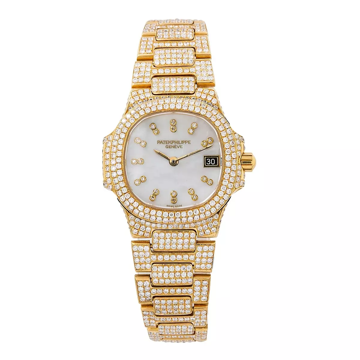 18k Yellow Gold Patek Philippe Diamond Watch for Women 27mm White Dial 11ct