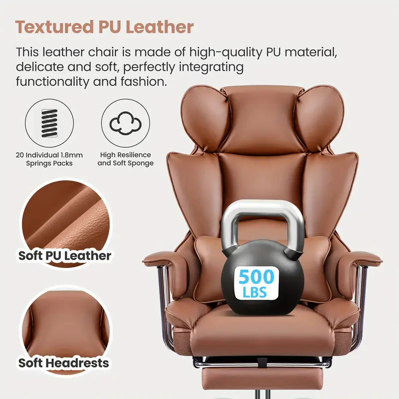 Plus-Size Executive High-Back Leather Actflame Premium Ergonomic Office Chair With Enhanced Lumbar Support & Integrated Footrest - Perfect Fit For Spacious Homes & Offices