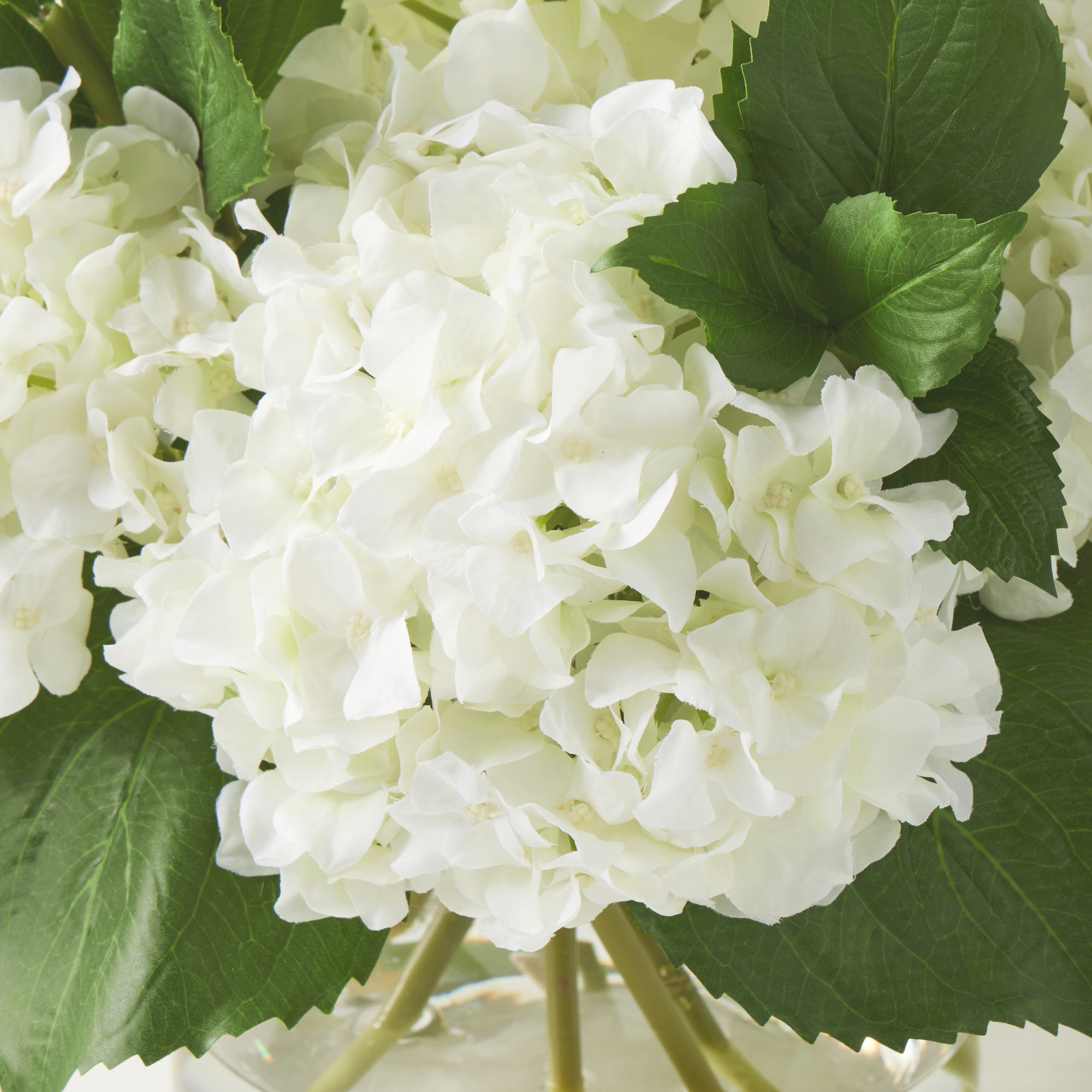 Faux White Hydrangea Arrangement in Glass Vase