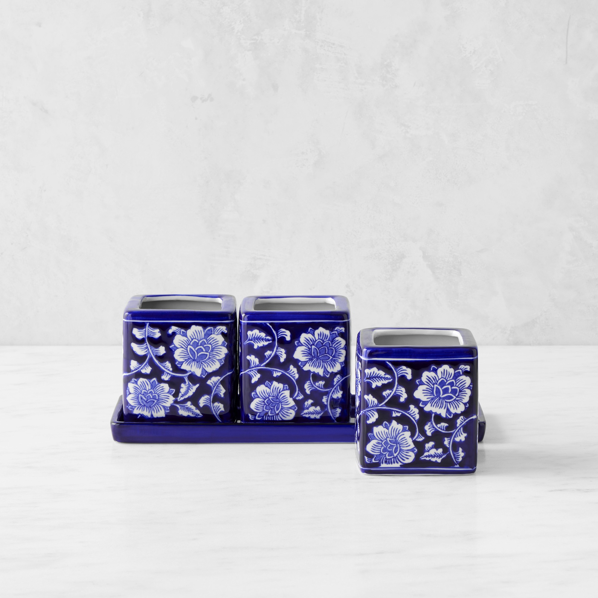 Blue & White Ceramic Herb Tray with Pots, Set of 3
