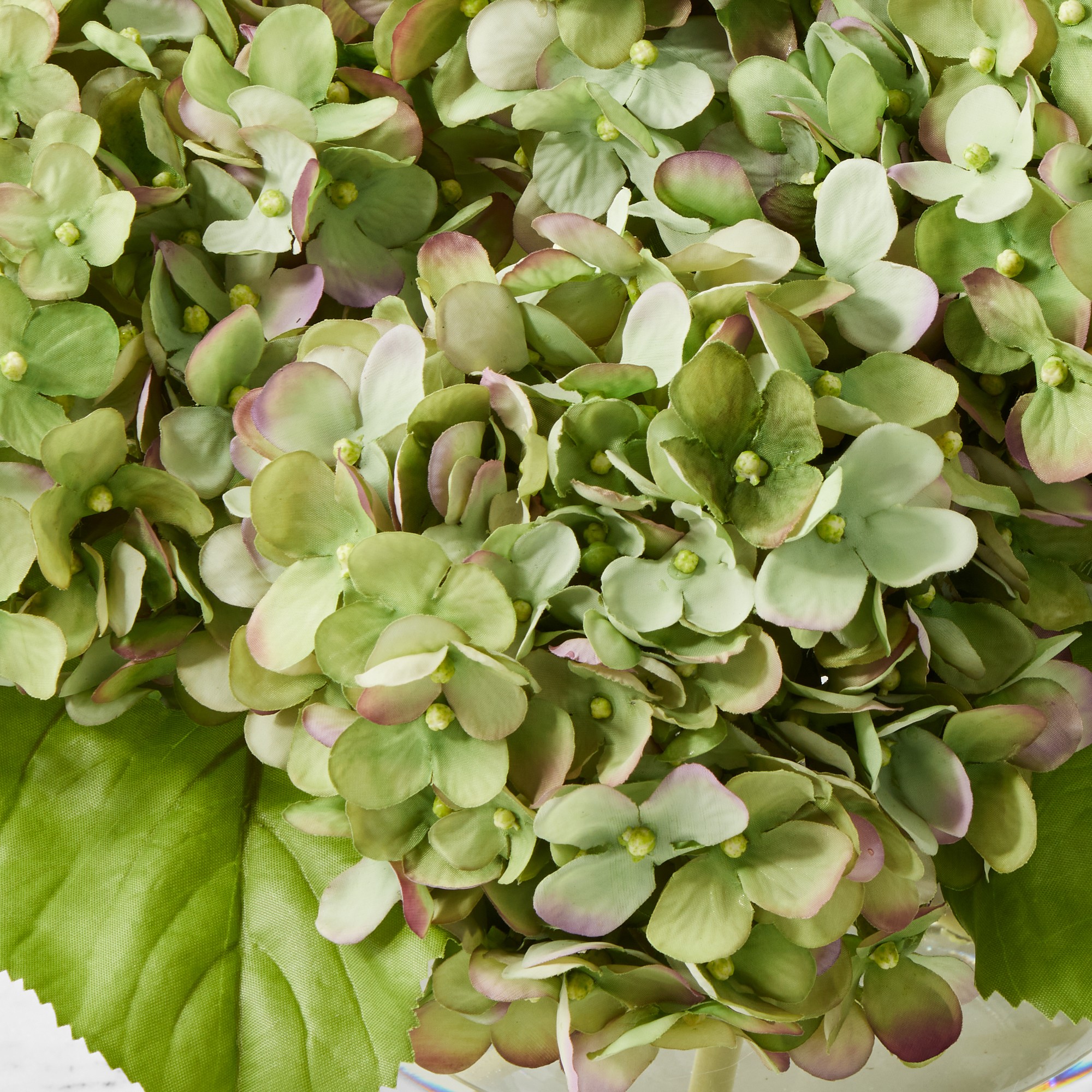 Faux Green & Purple Hydrangea Arrangement in Glass Vase