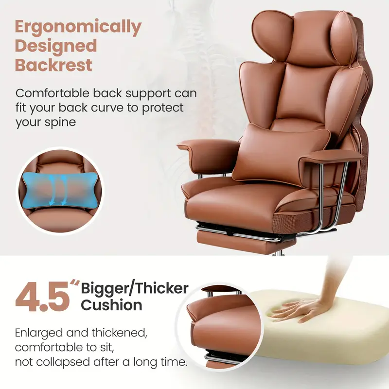 Plus-Size Executive High-Back Leather Actflame Premium Ergonomic Office Chair With Enhanced Lumbar Support & Integrated Footrest - Perfect Fit For Spacious Homes & Offices