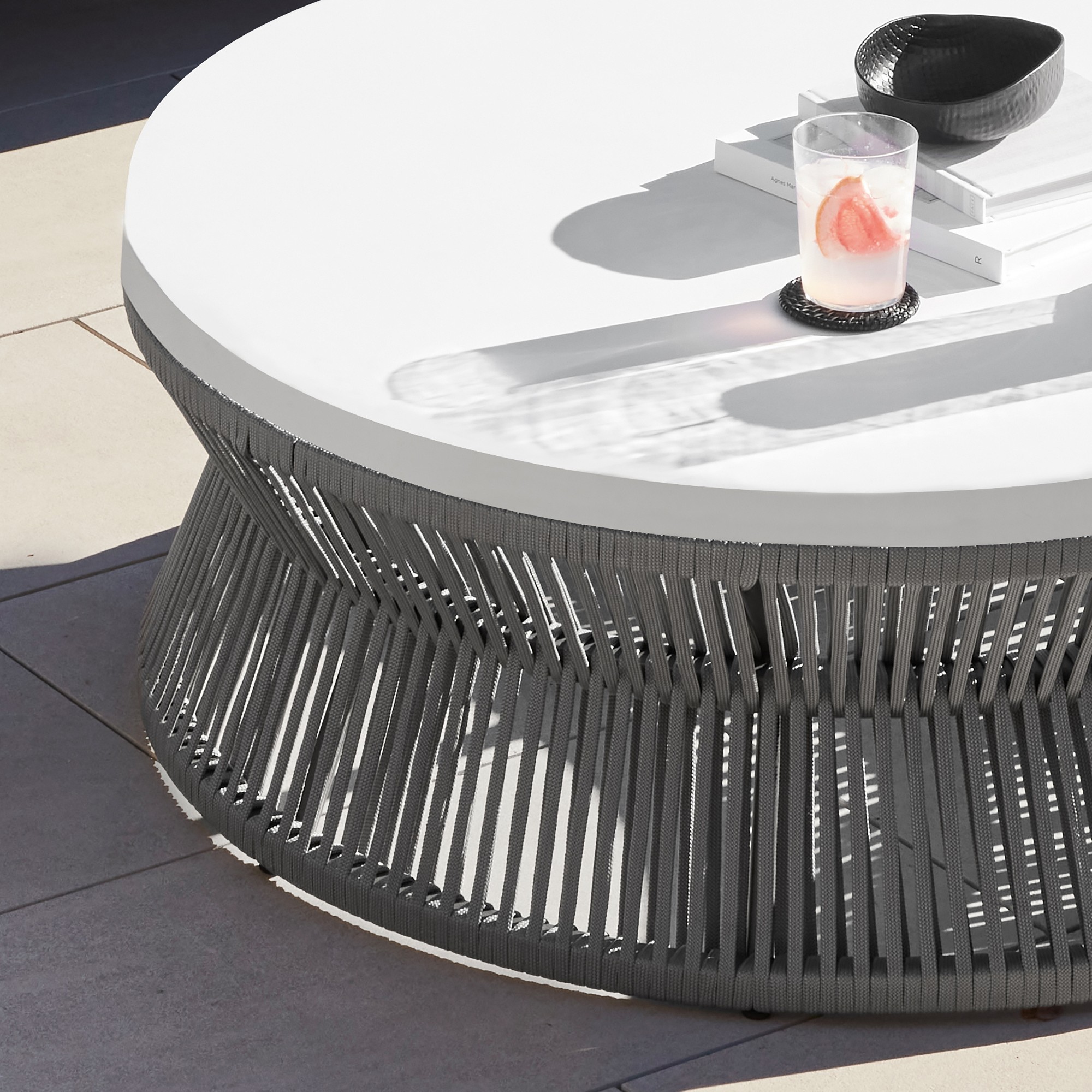 Pasadena Outdoor Fiberstone and Rope Round Coffee Table (44