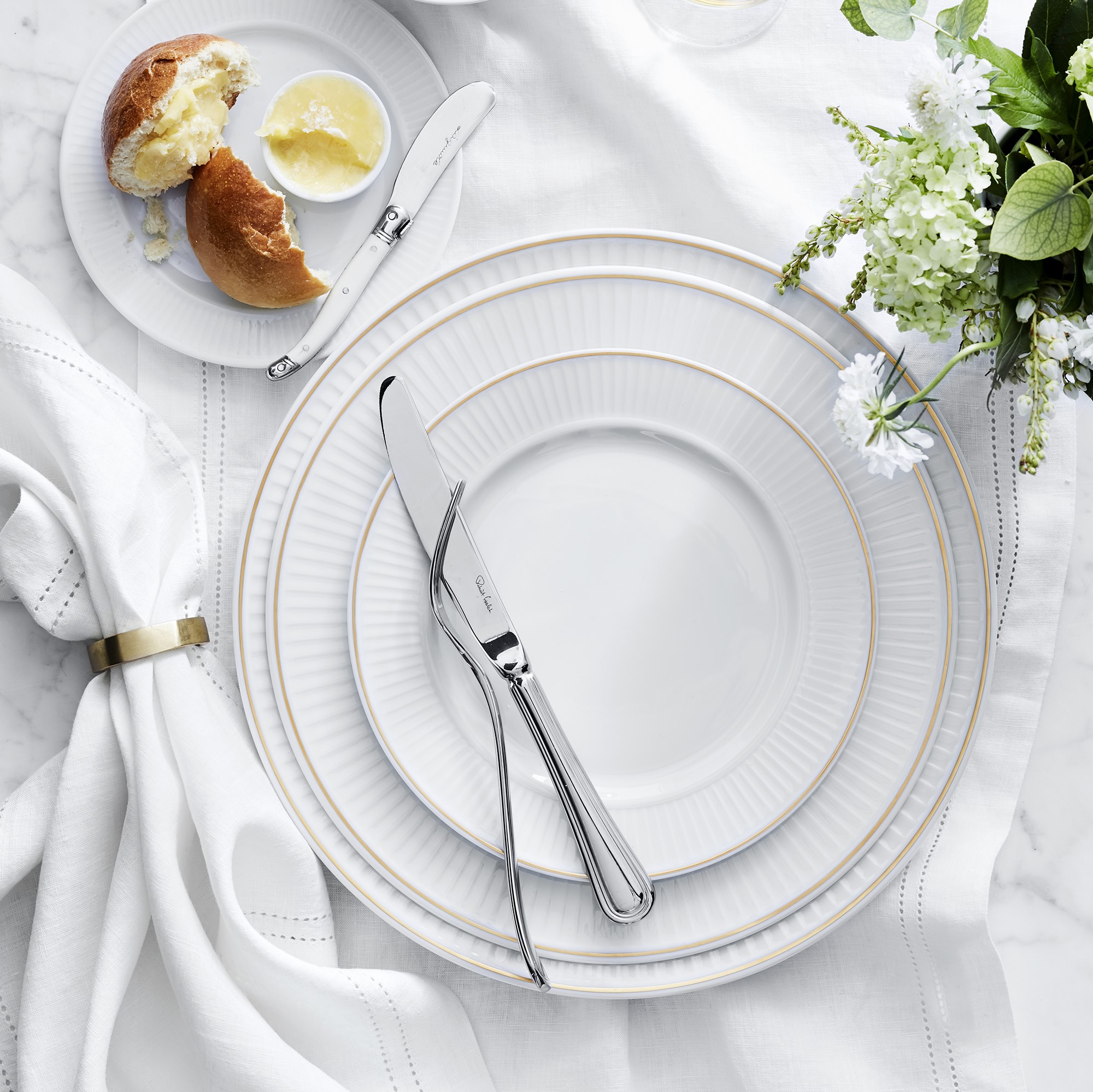 Pillivuyt Plisse Gold Porcelain Salad Plates, Set of 4