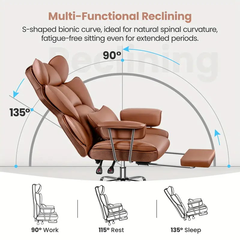 Plus-Size Executive High-Back Leather Actflame Premium Ergonomic Office Chair With Enhanced Lumbar Support & Integrated Footrest - Perfect Fit For Spacious Homes & Offices
