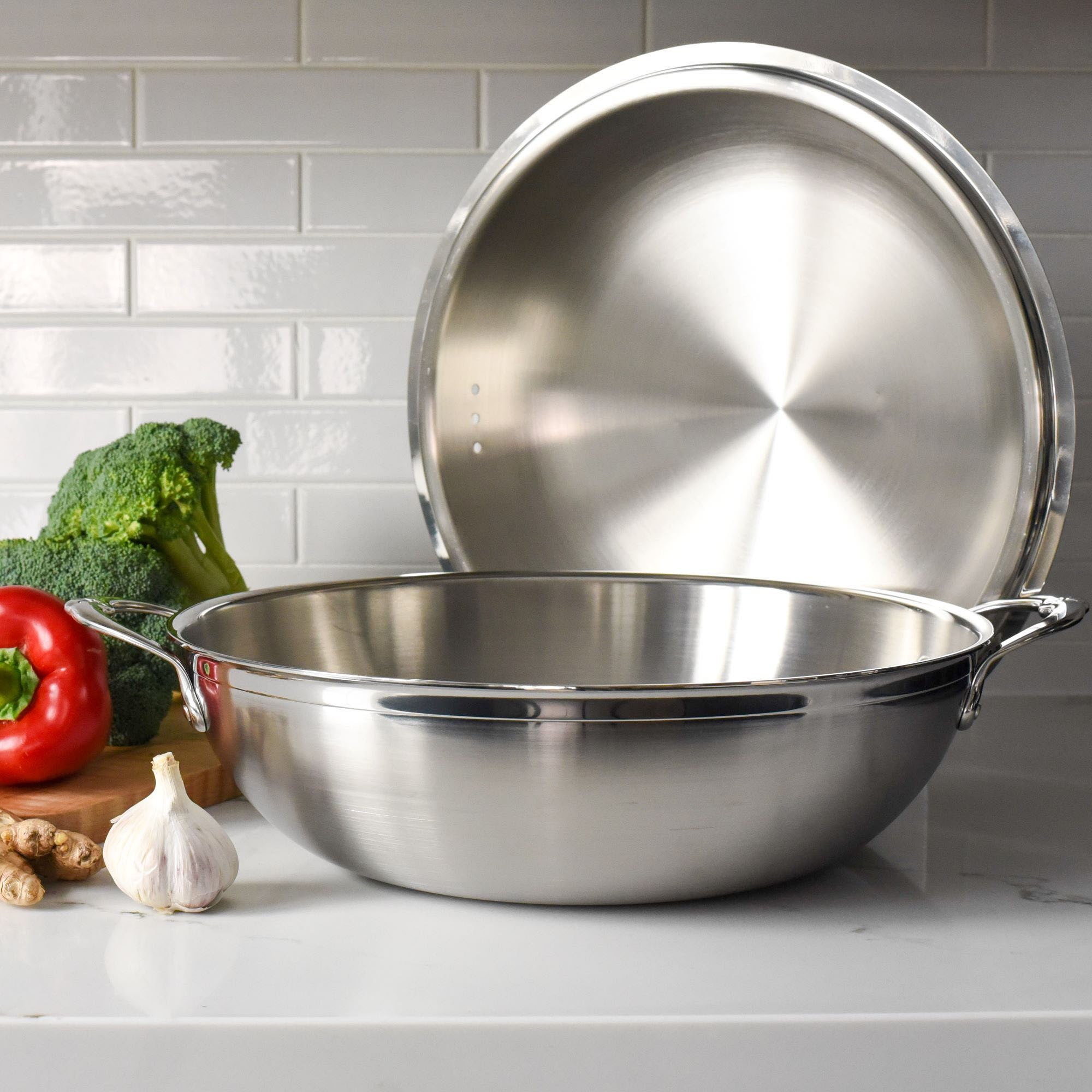 Hestan ProBond Professional Clad Stainless-Steel Covered Wok with Helper Handles, 14