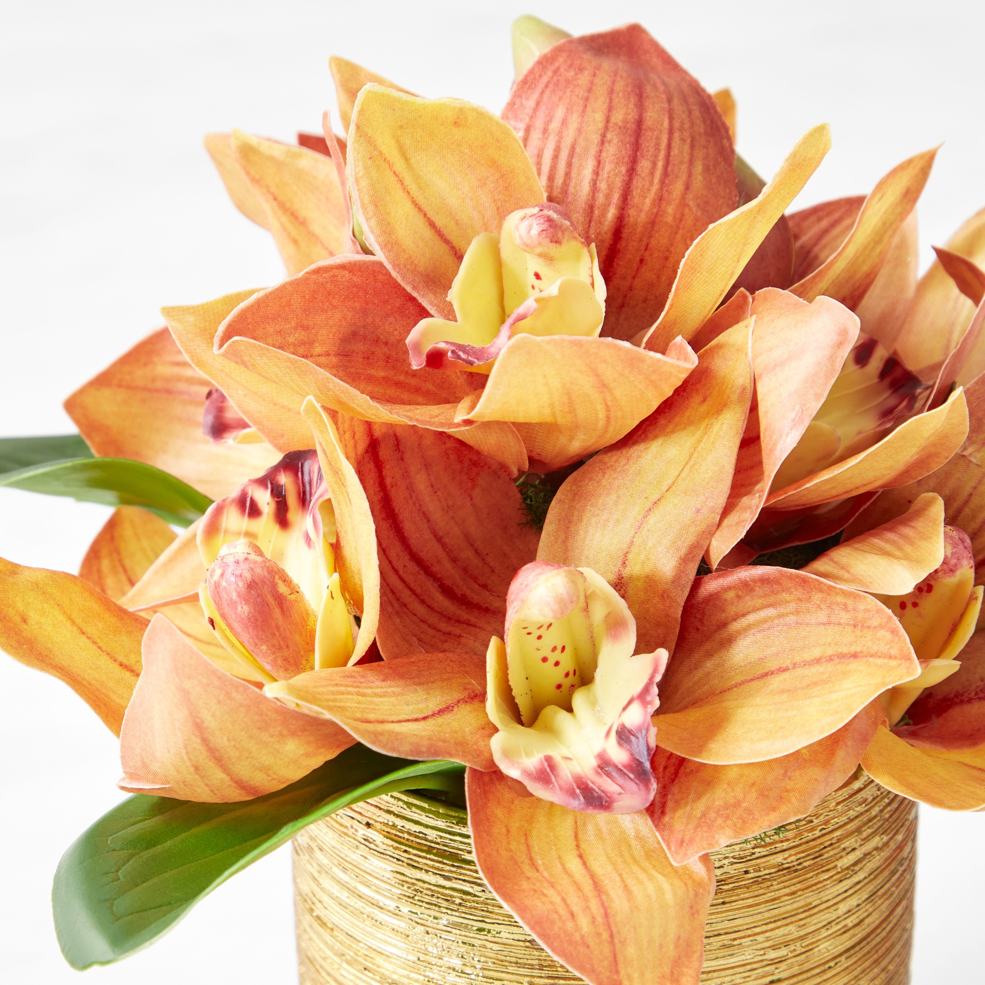 Faux Red Orchid Mini Floral Arrangement in Gold Cachepot