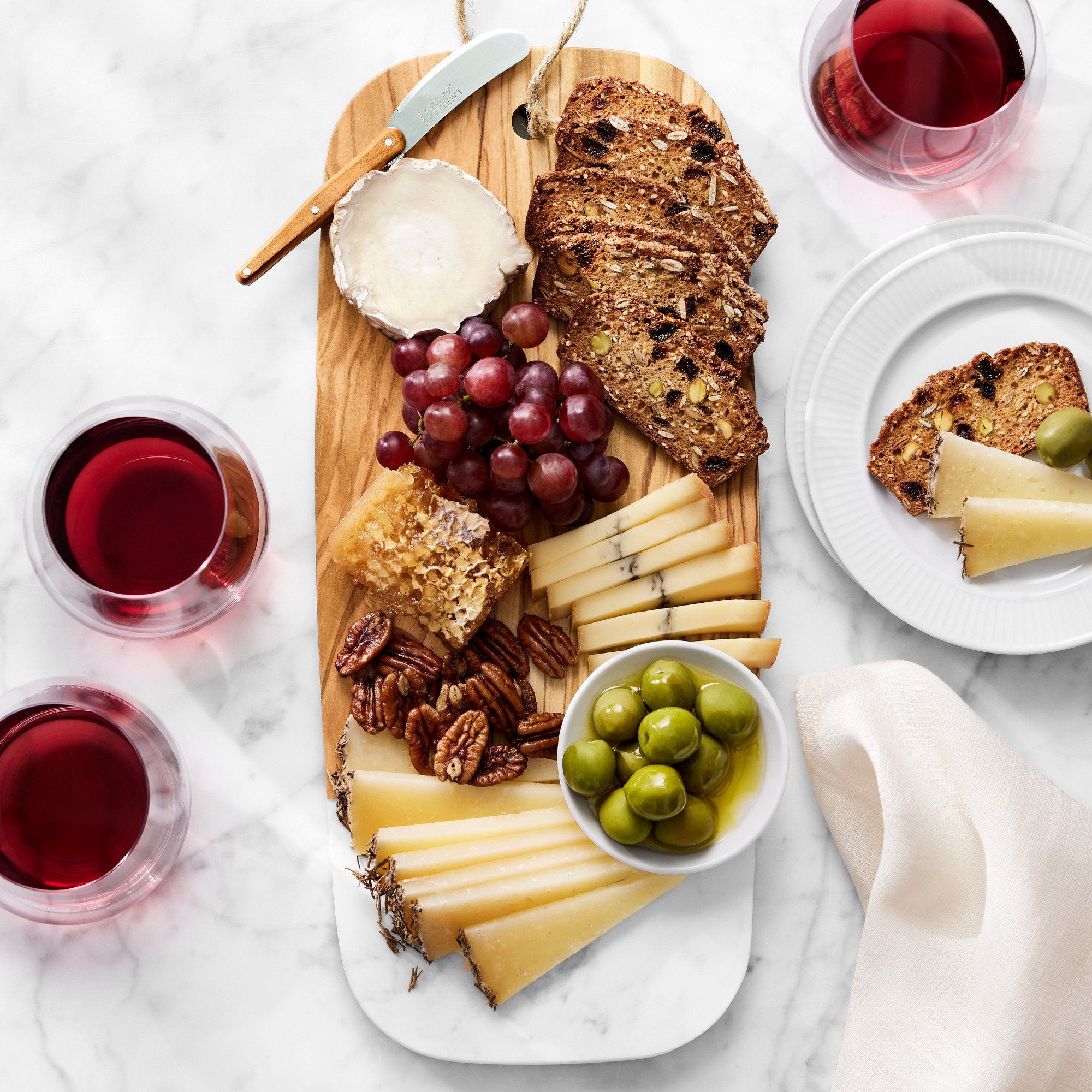 Olivewood & White Marble Rectangular Cheese Board with Cheese Knives