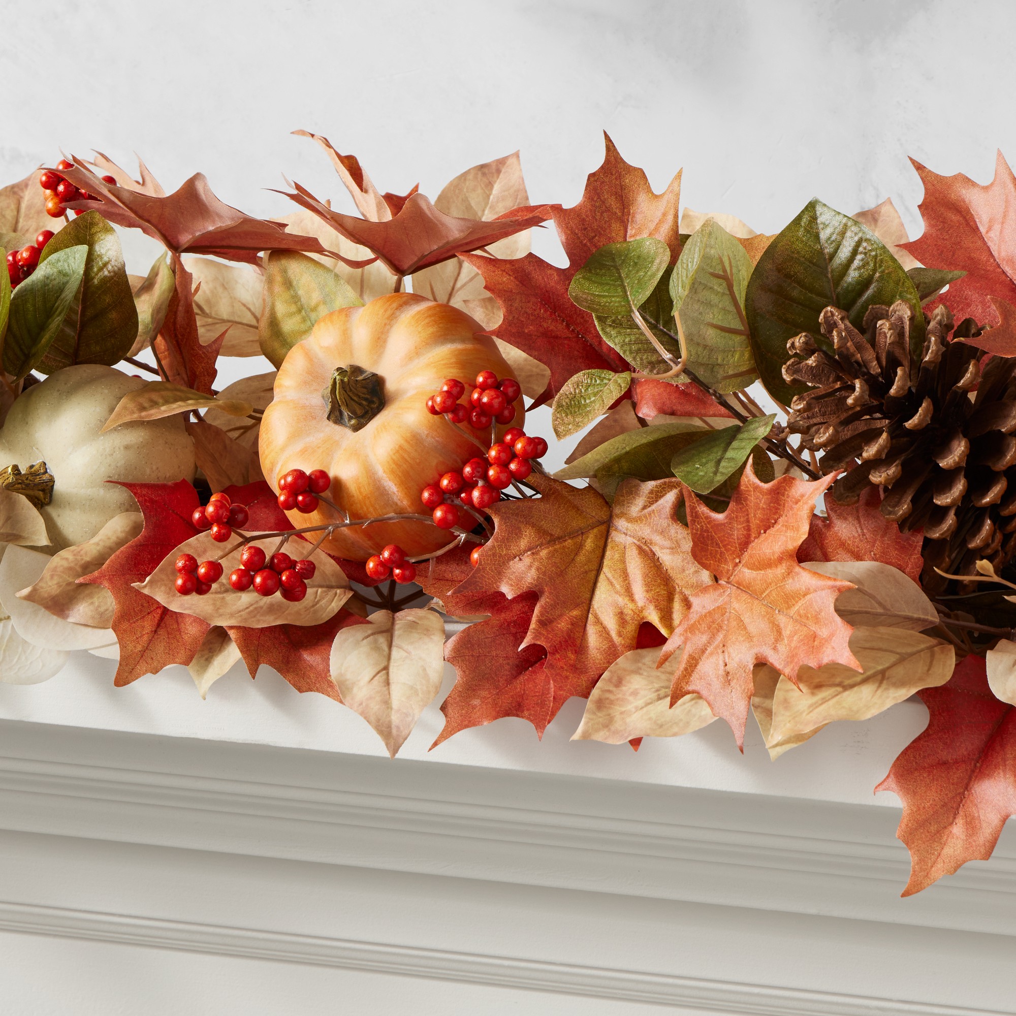 Fall Pumpkin & Maple Leaves UV Protected Faux Wreath & Garland