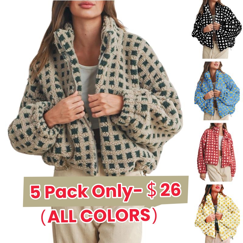 Women's Warm Plaid Sherpa Fleece Jacket Soft Teddy Fleece Zip Up Relaxed Fit with Adjustable Drawstring Hem Cozy and Stylish
