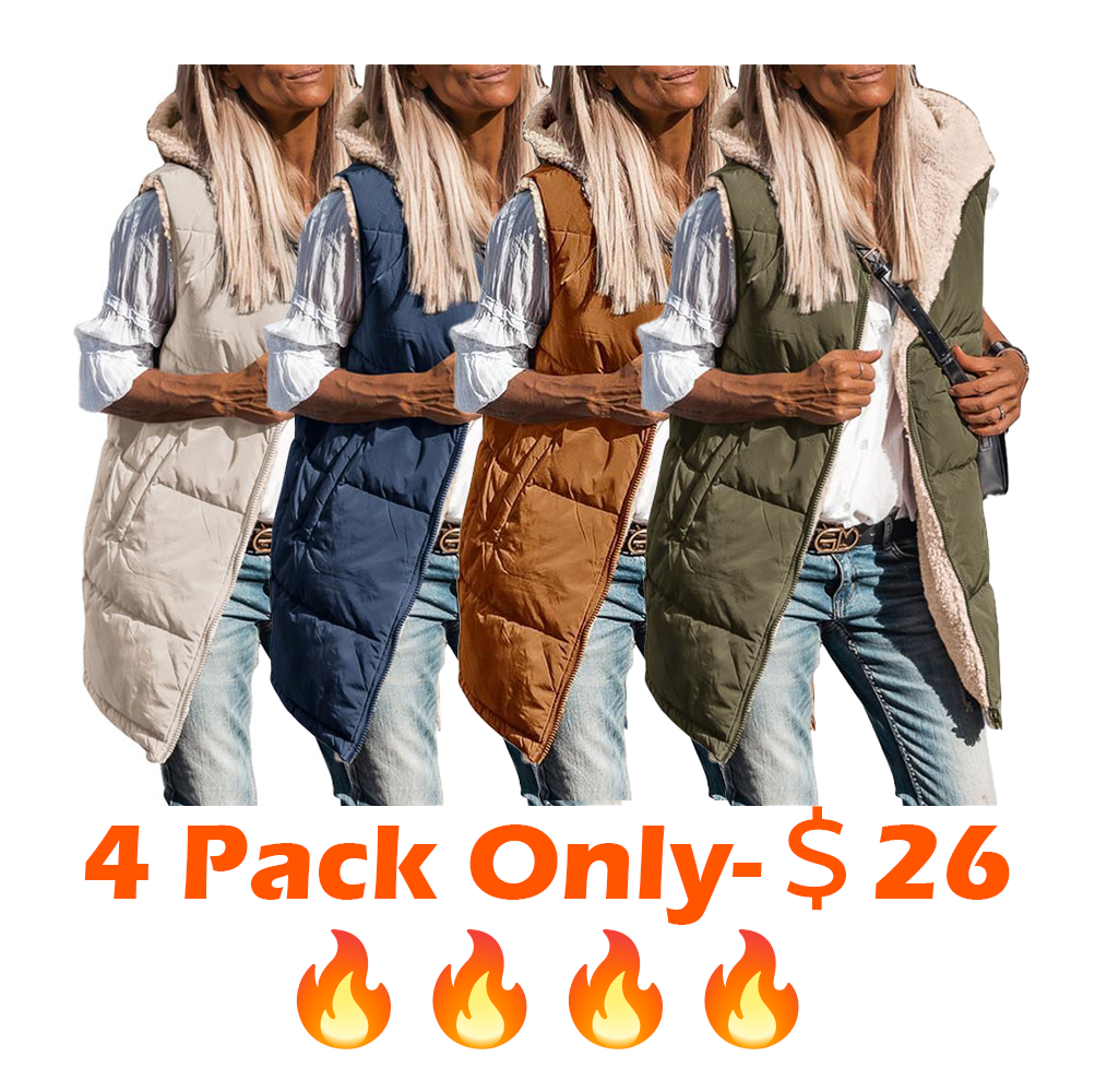 Women's Reversible Fleece Vest with Pockets & Hood Zip Up Long Outerwear Coats Machine Washable Minimalist Tops