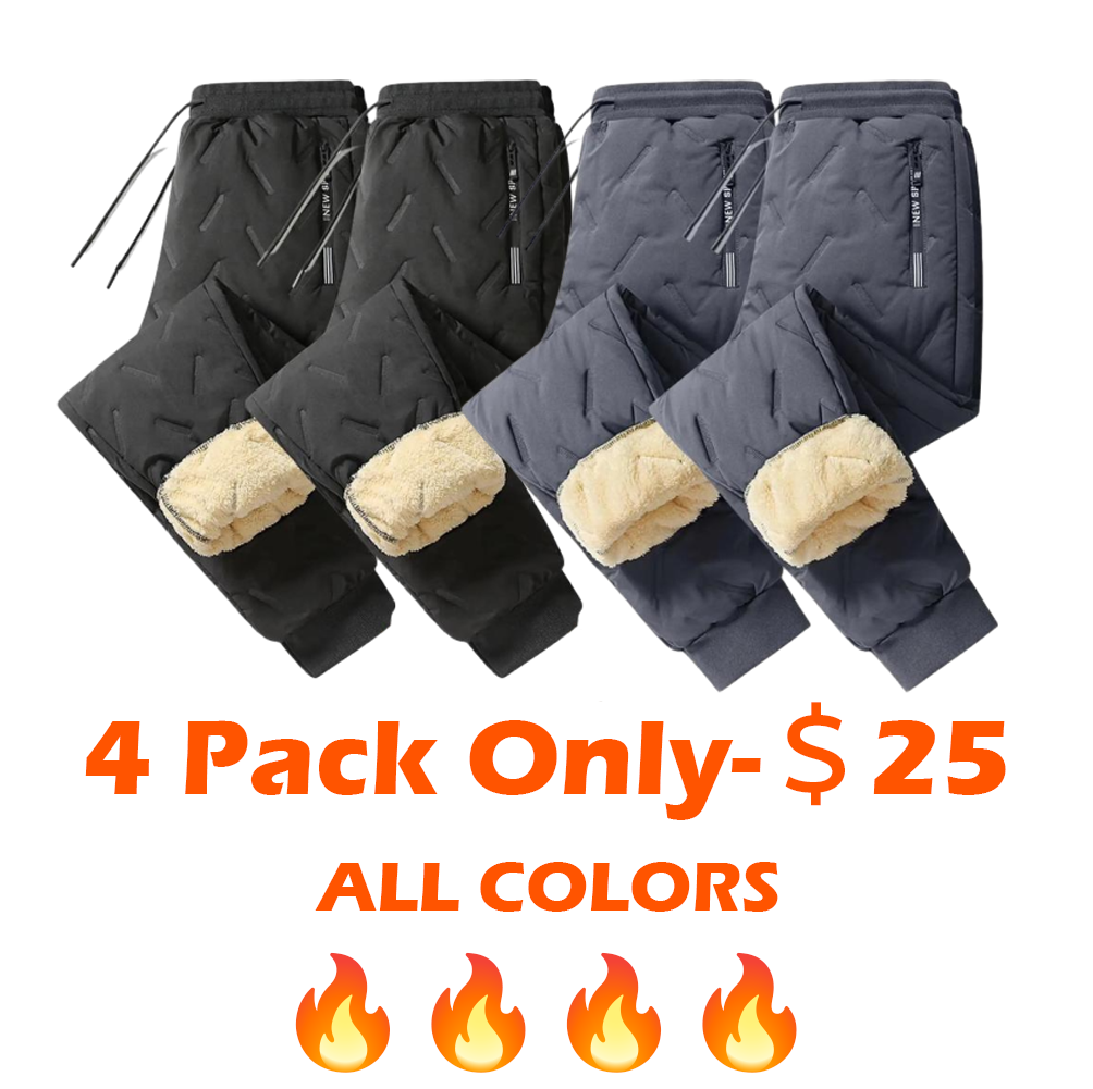 Men's Pocket Zipper Drawstring Winter Pants, Casual Regular Fit Plain Thermal Lined Trousers