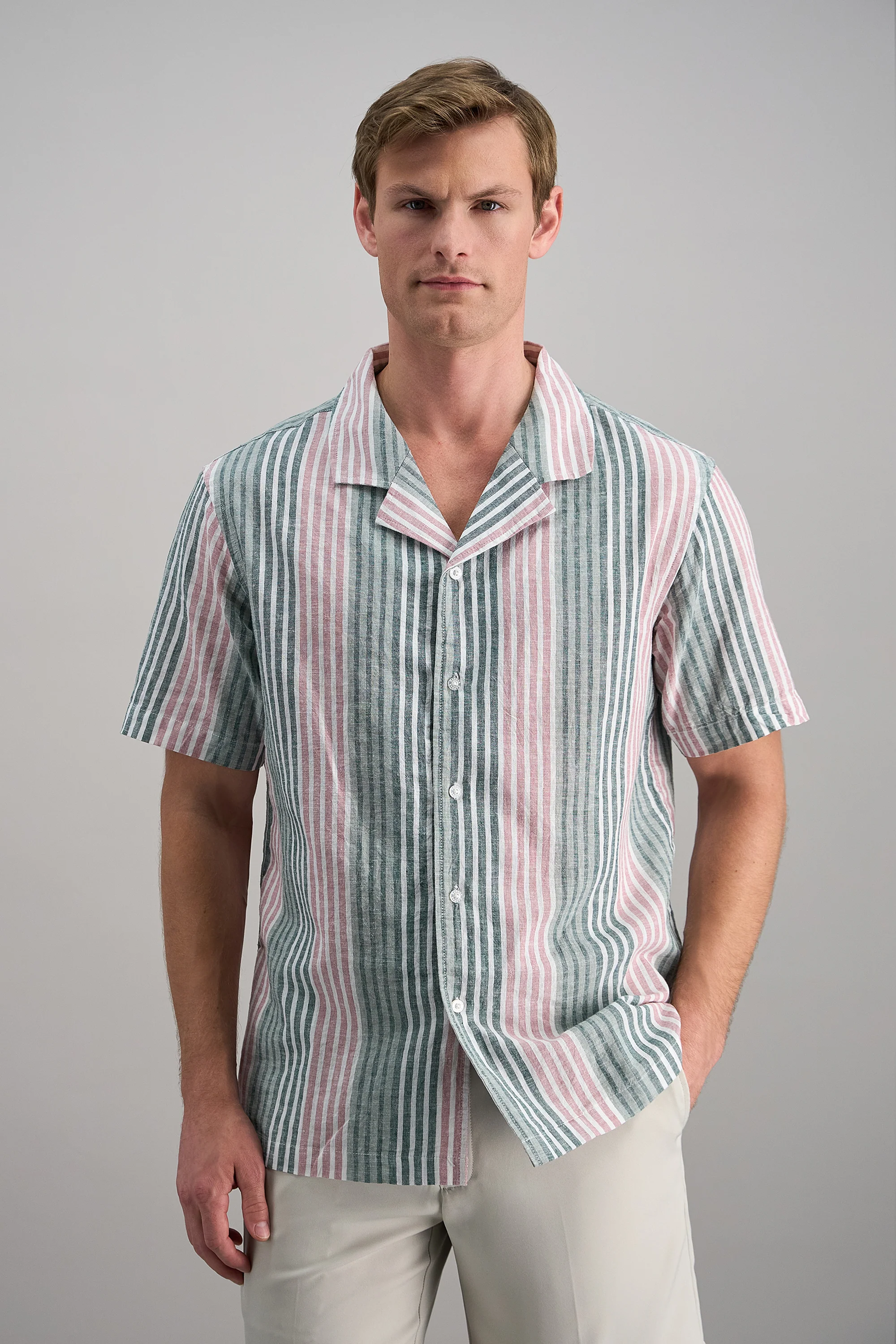 Short Sleeve Linen Stripe Camp Shirt