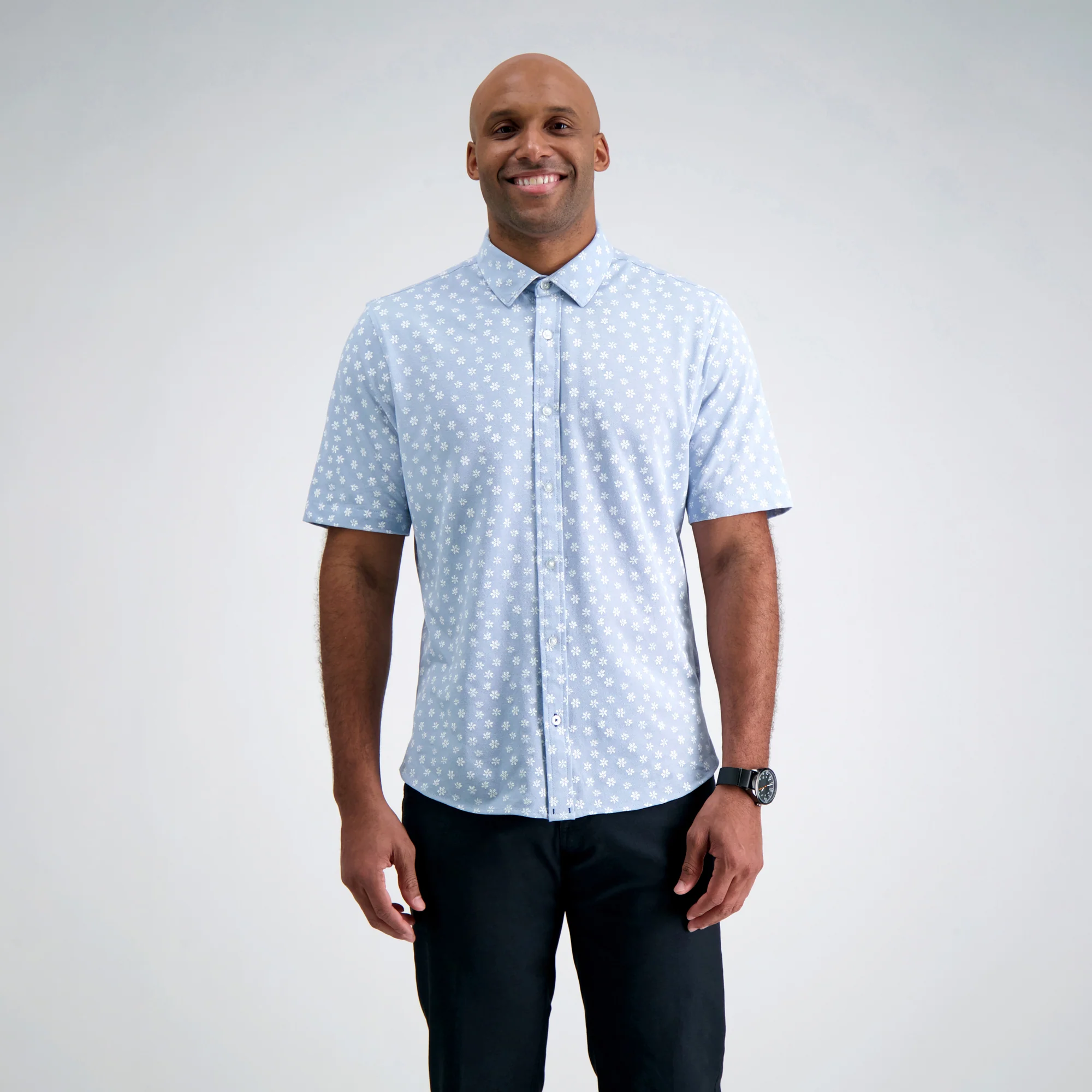 Pique Short Sleeve Button Down Shirt - Blue Floral