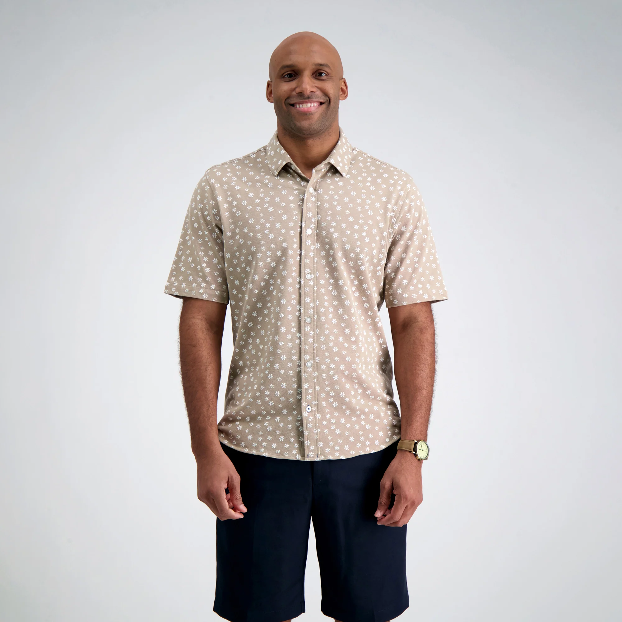 Pique Short Sleeve Button Down Shirt - Khaki Floral