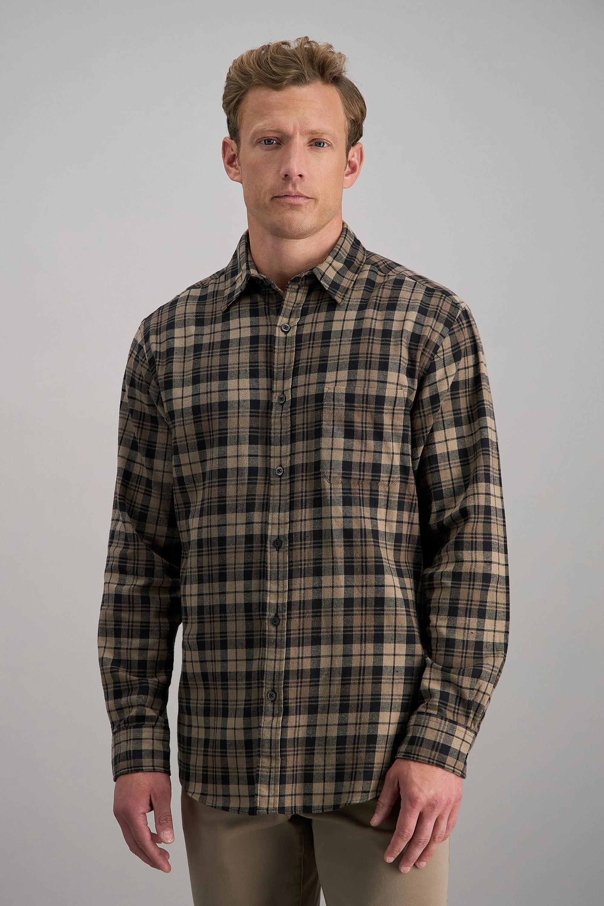 Long Sleeve Flannel Plaid Shirt - Brown