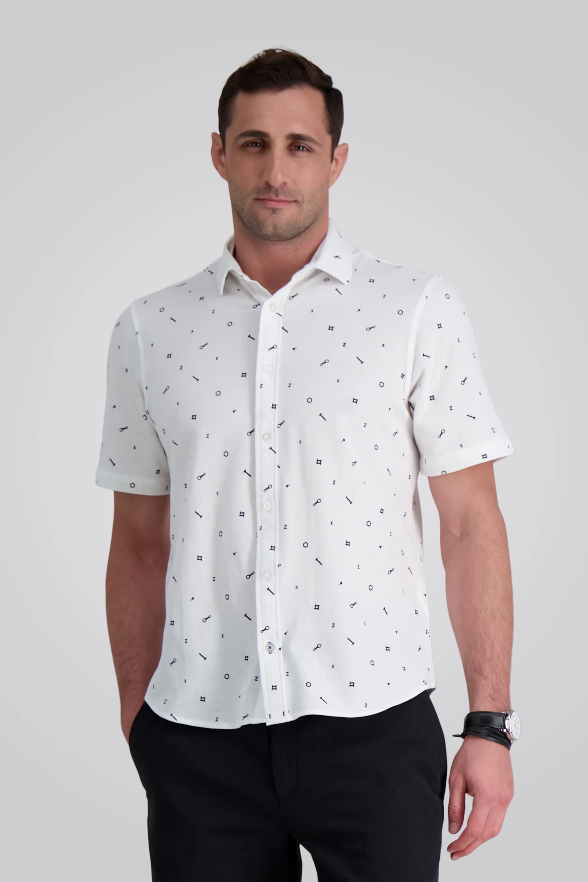 Pique Short Sleeve Button Down Shirt - White