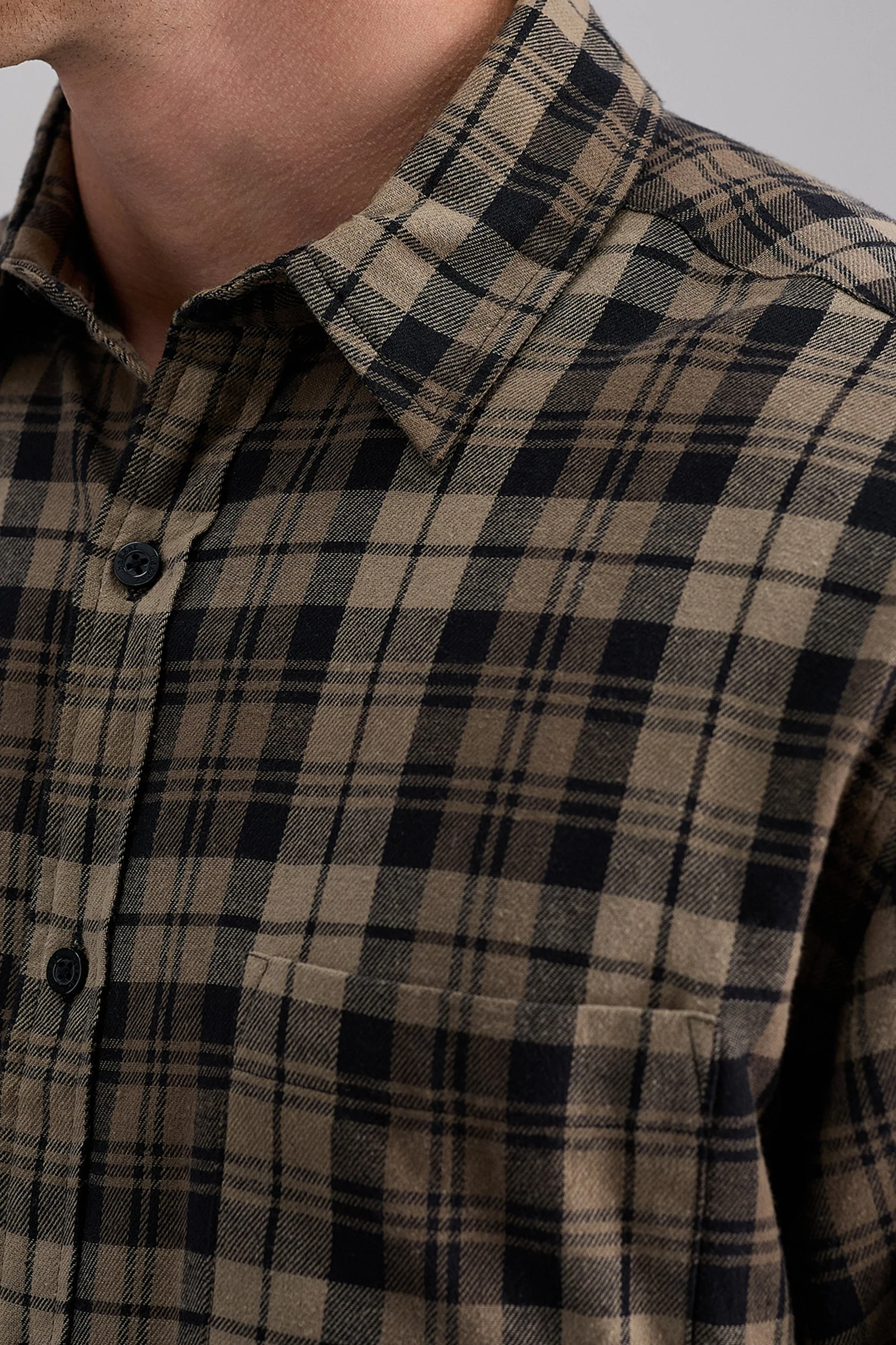 Long Sleeve Flannel Plaid Shirt - Brown
