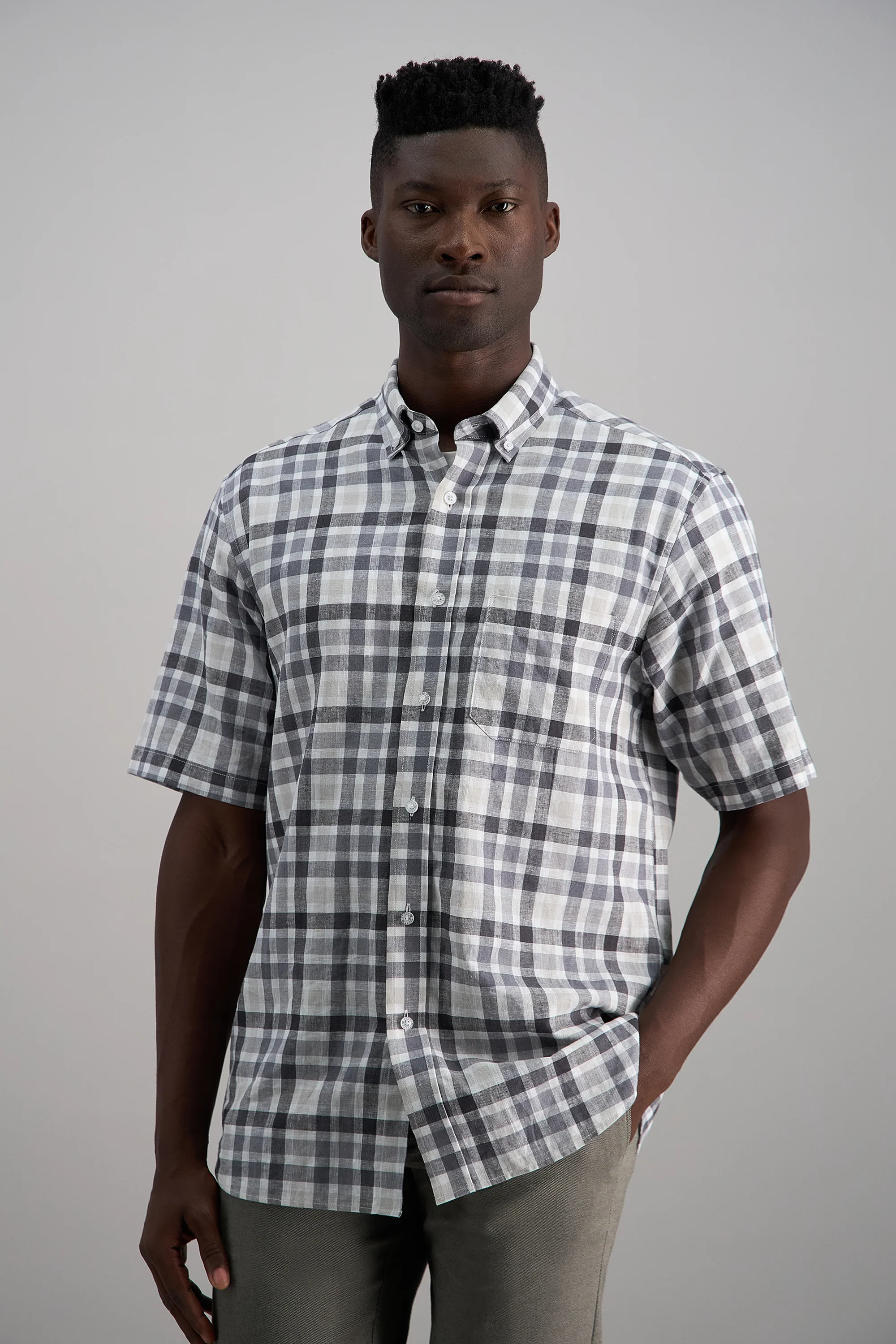 Short Sleeve Button-Down Linen Shirt - Dark Grey