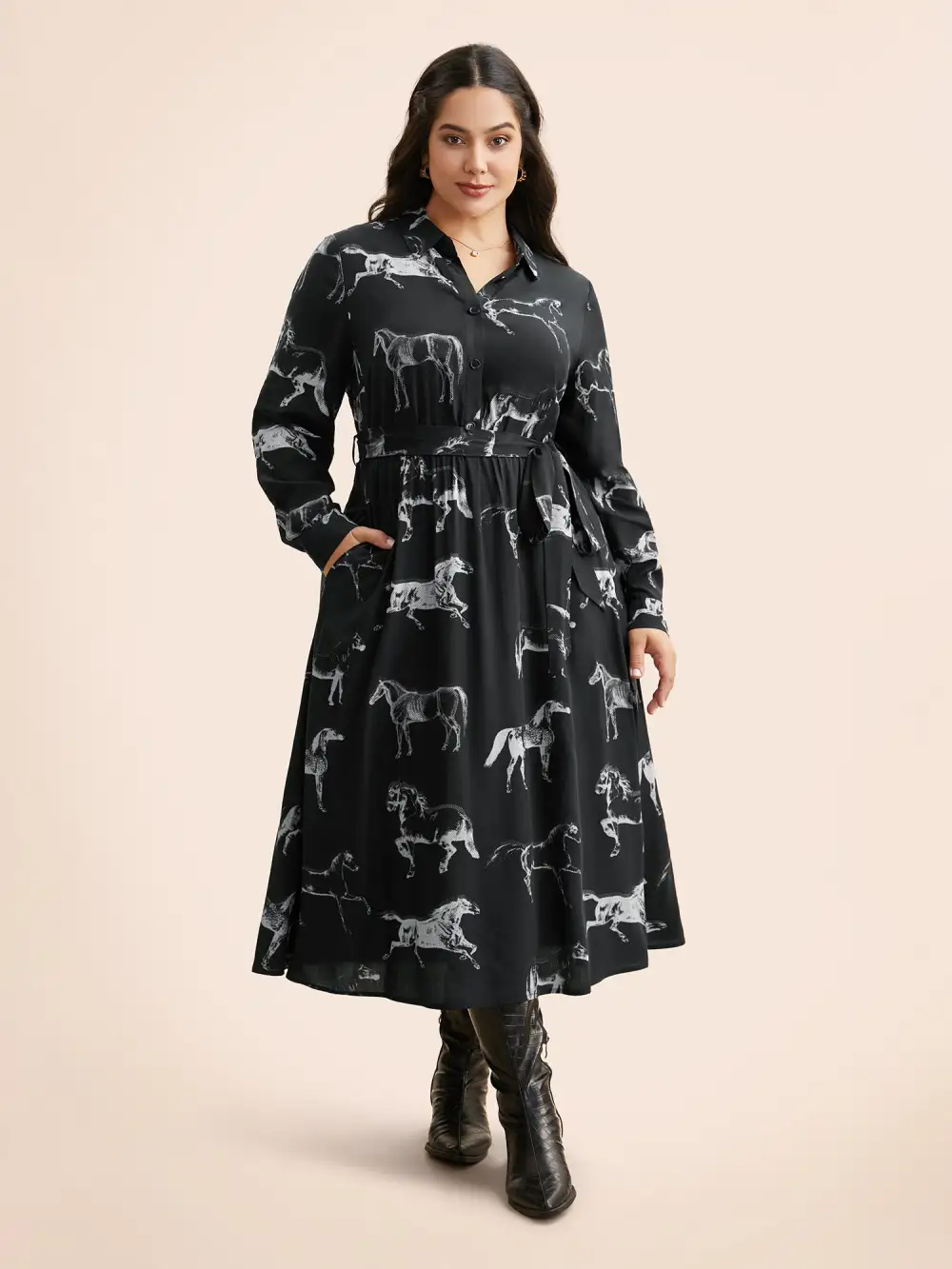 Horse Print Belted Midi Dress