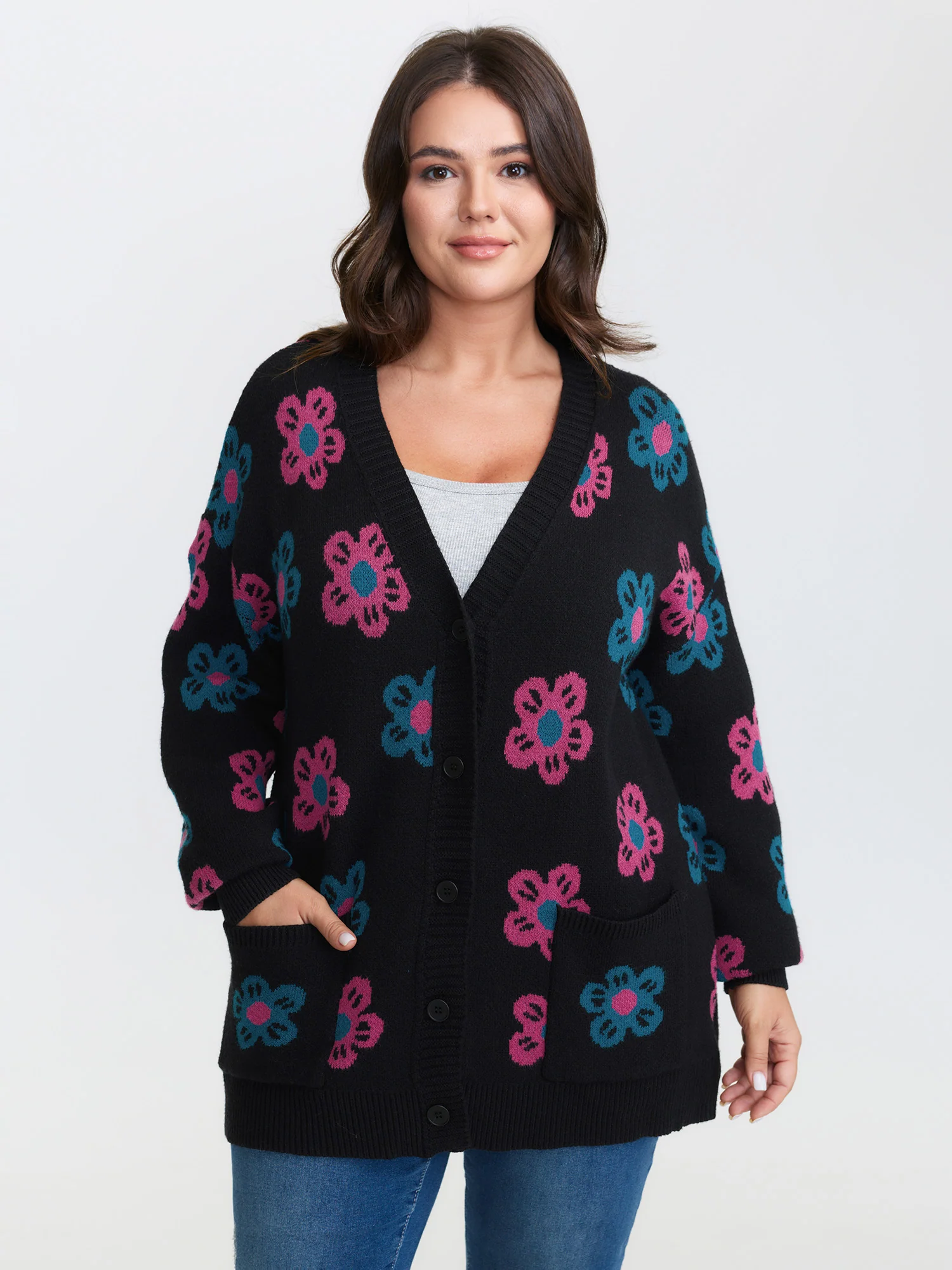 Supersoft Colorful Floral Drop Shoulder Knit Cardigan