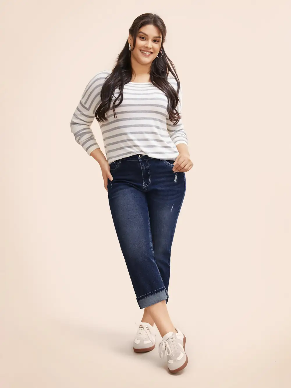 Folded Hem Rip Back Elastic Waist Jeans